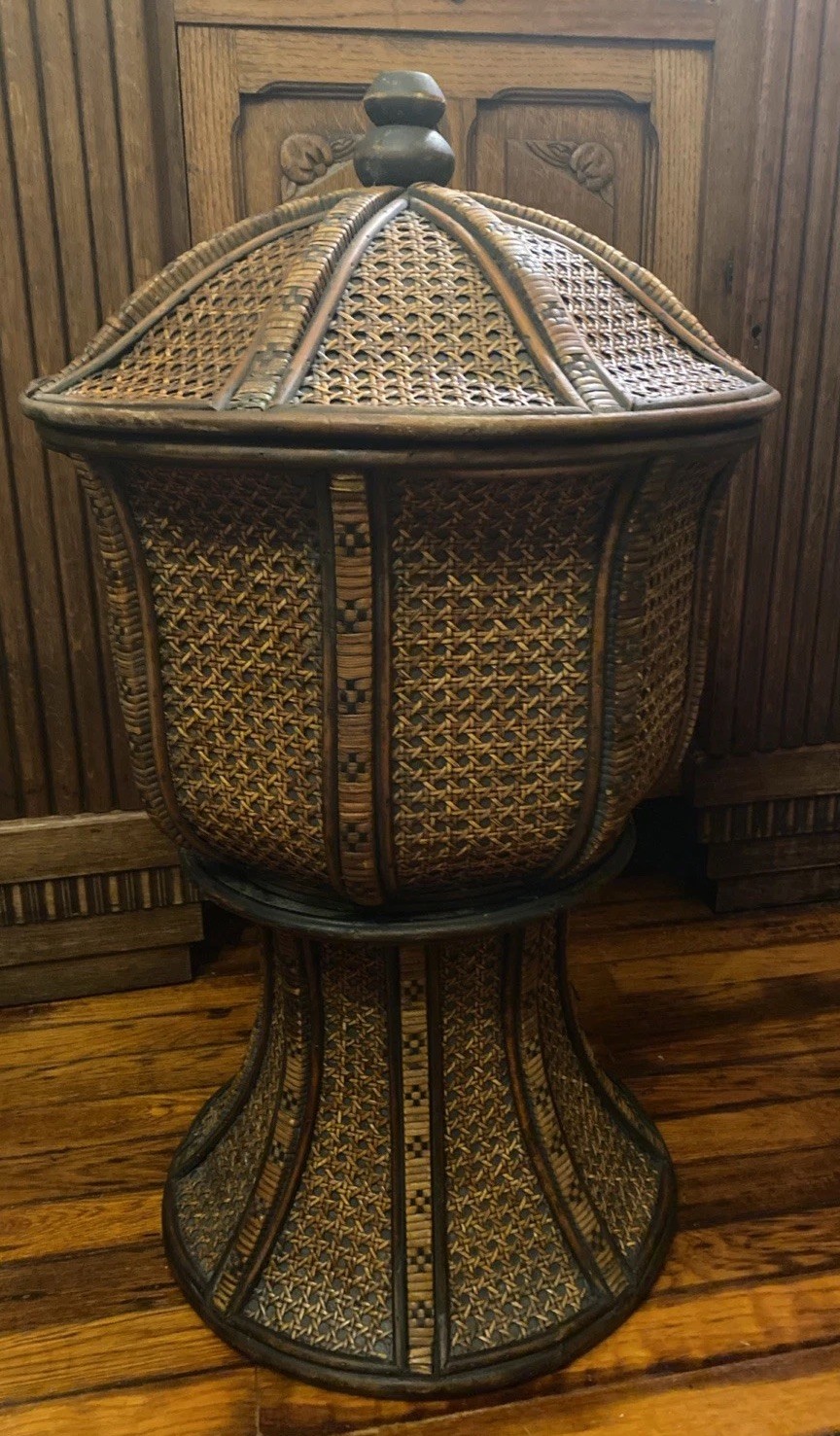 Chinese Tinalik Basket Storage Container Intricate Woven Rattan 31″ T 17″ D