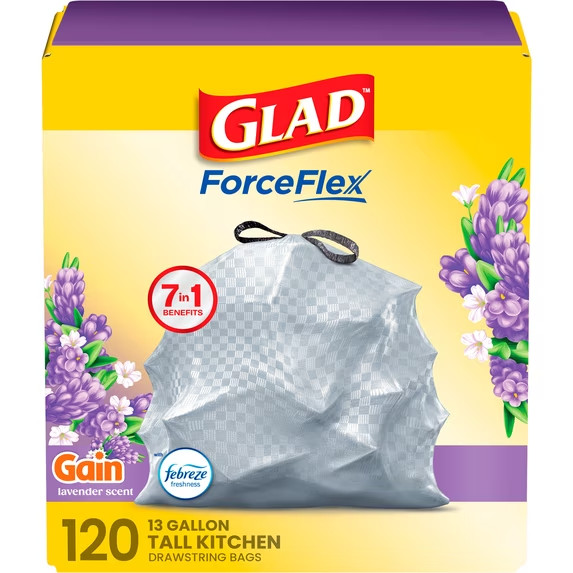 Glad ForceFlex Tall Kitchen Drawstring Trash Bags, 13 Gal, Gain Lavender, 120 Co