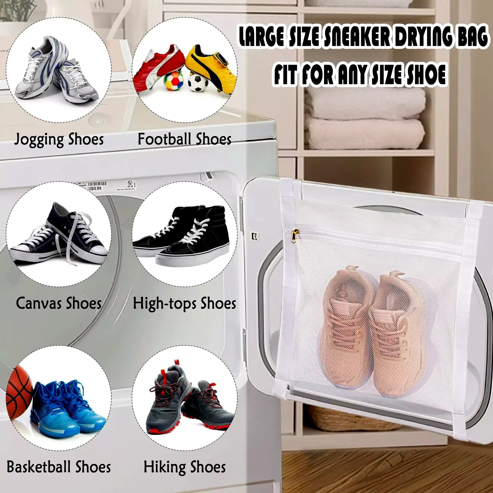Large Laundry Mesh Sneaker Shoe Wash & Dry Zip Bag, Washer-Dryer Door Straps