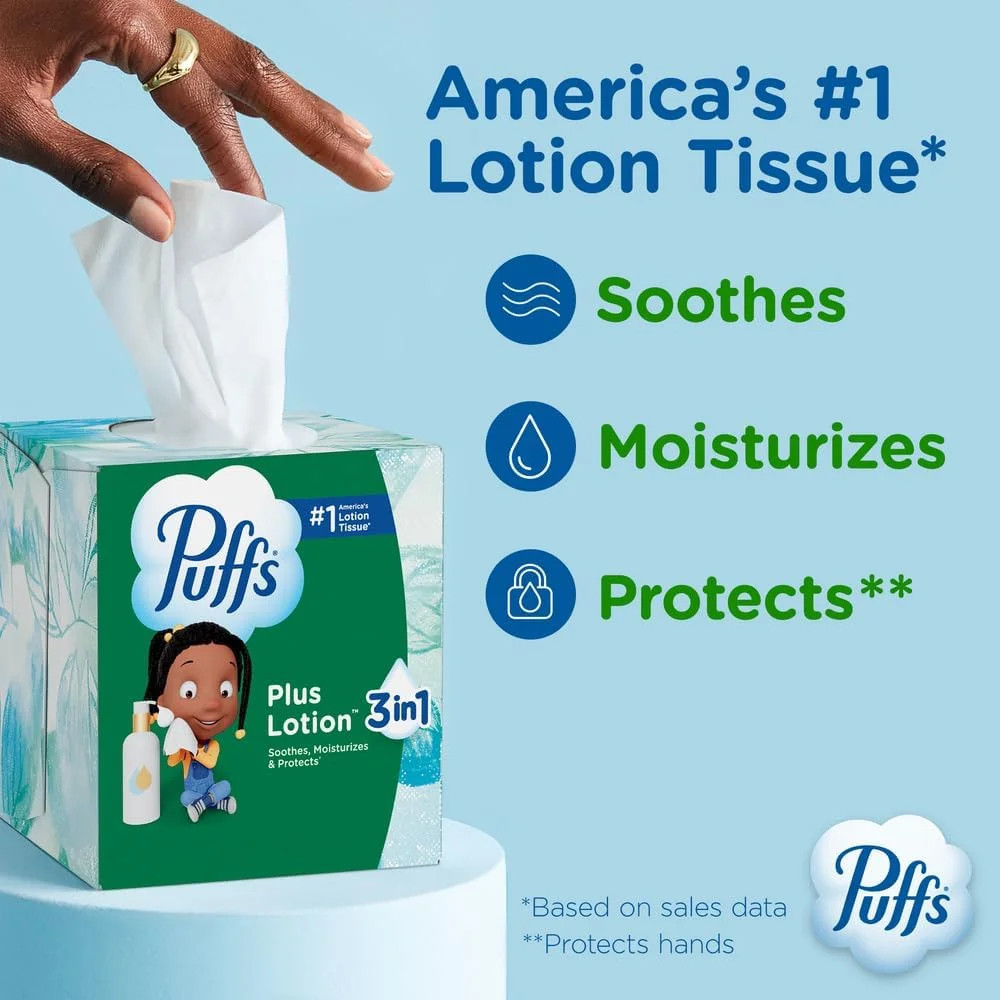 Puffs Facial Tissues Plus Lotion, 8 Family Rectangle Boxes, 124 Facial Tissues