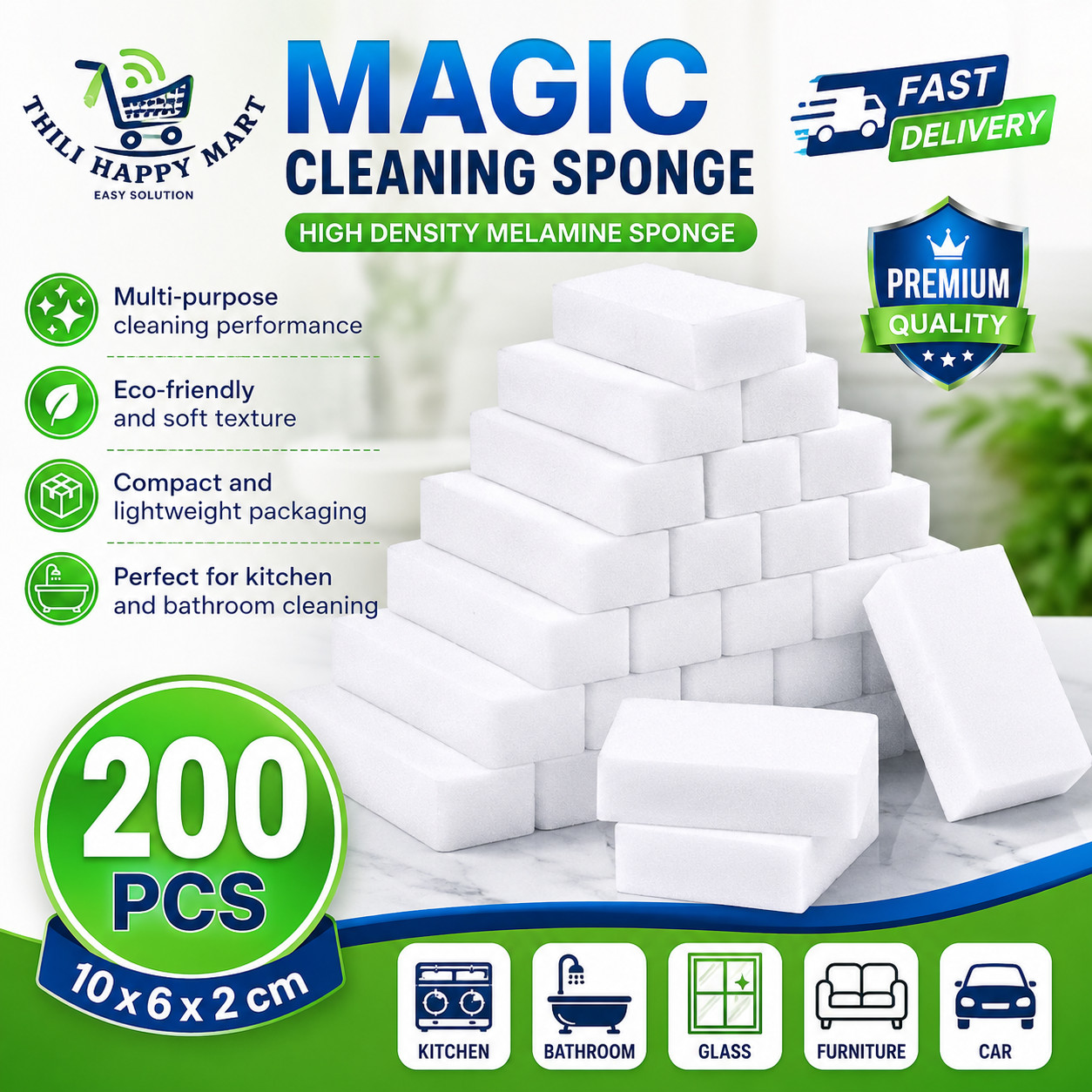200 Pcs Premium Melamine Magic Cleaning Nano Sponge Multi-Purpose Stain Remover