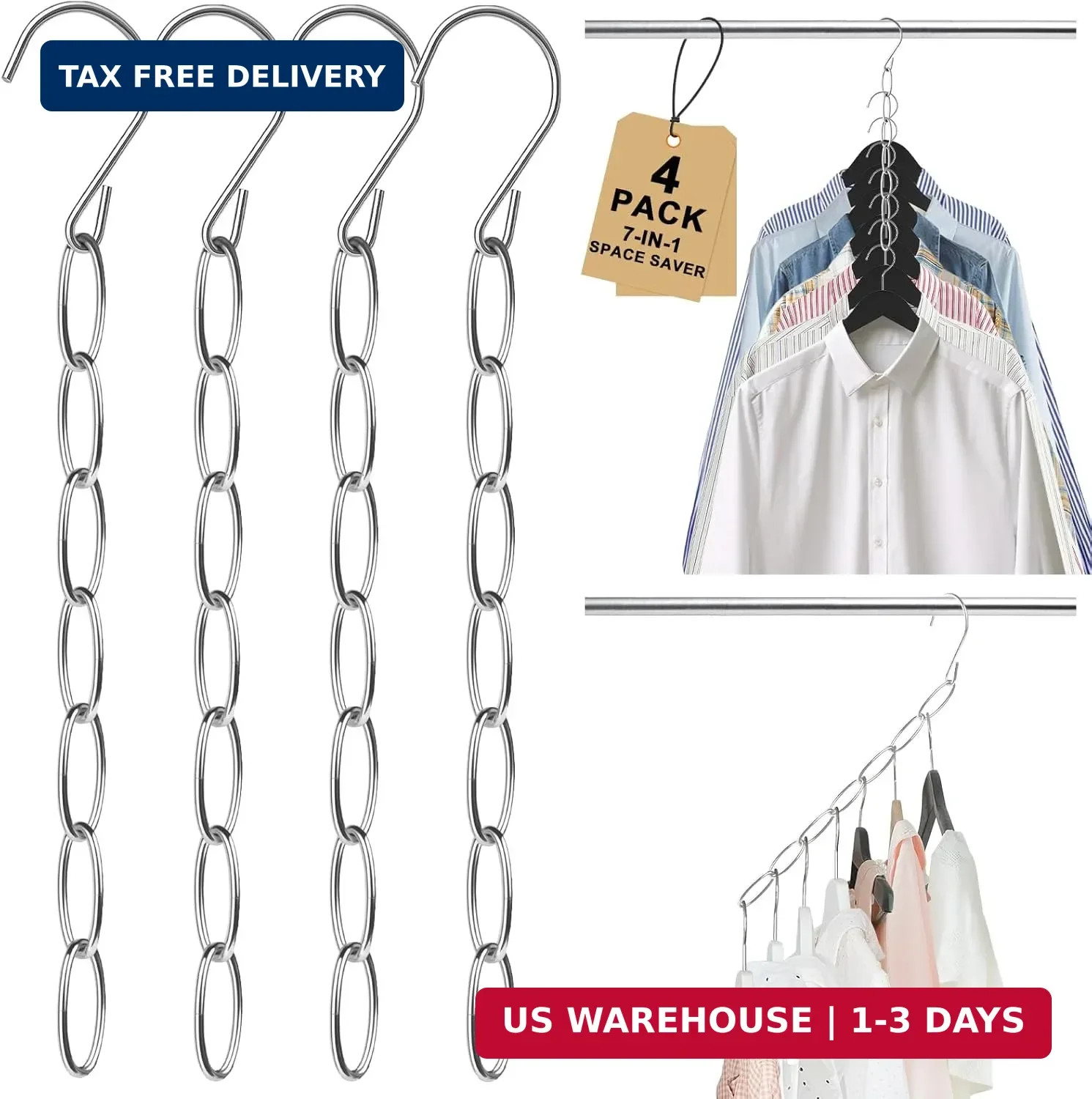 Space Saving Hangers, 4 Pack Metal Clothing Chain Hangers with 7 Holes, Closet O
