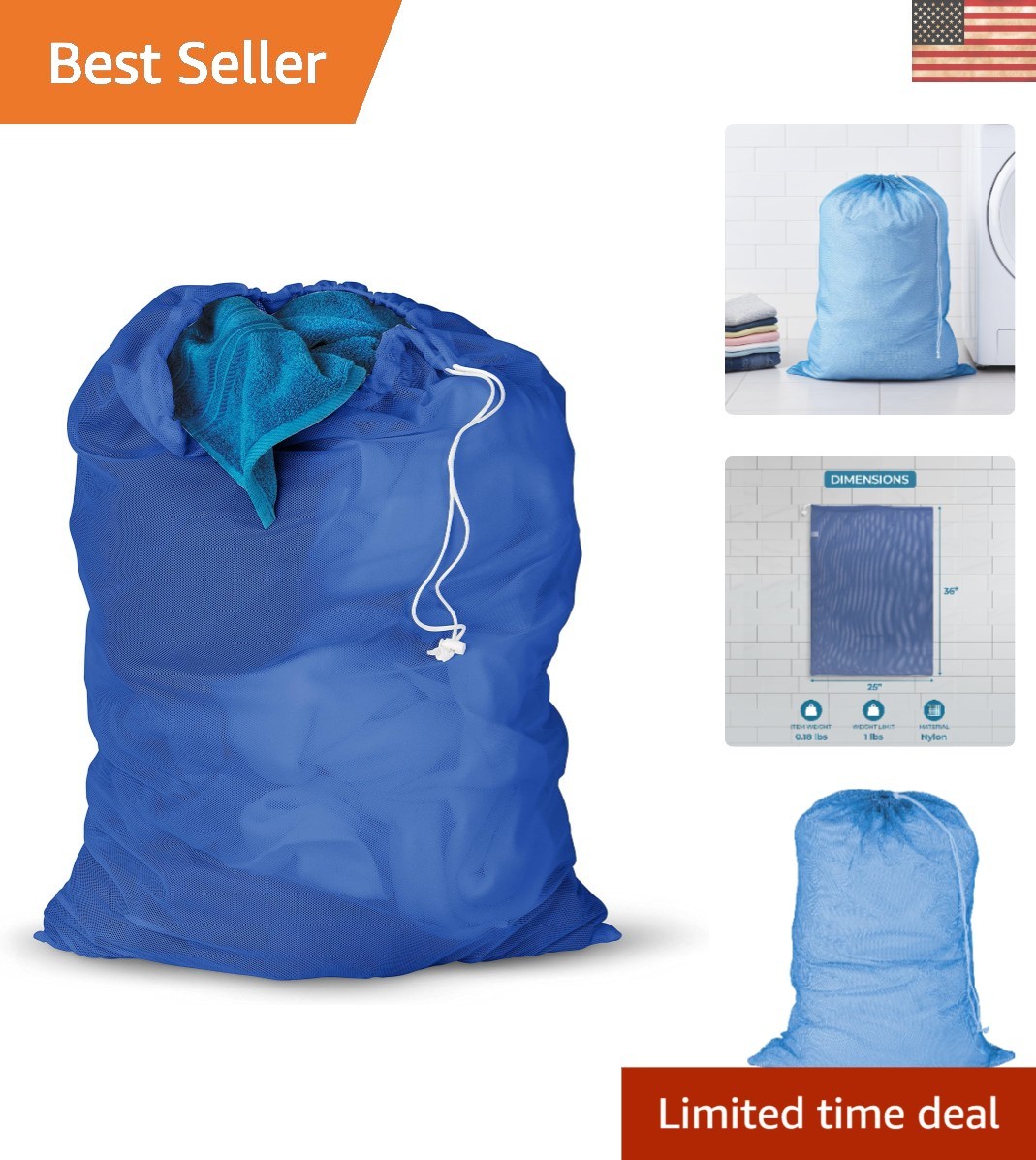 Lightweight Drawstring Mesh Laundry Bag in Blue – Perfect for Easy Transport