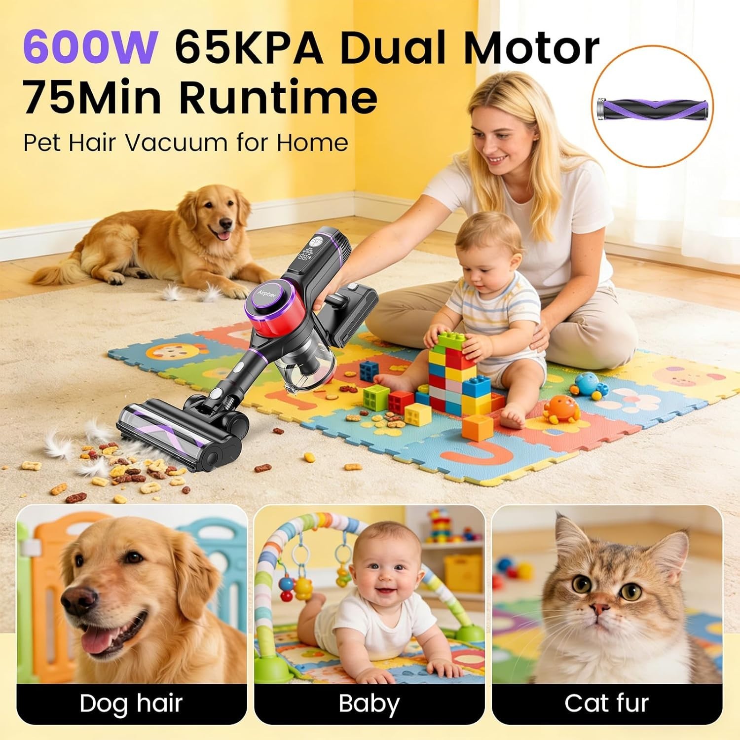 Cordless Vacuum Cleaner,75Min Runtime,600W 65KPA Dual Motor Pet Hair Vacuum
