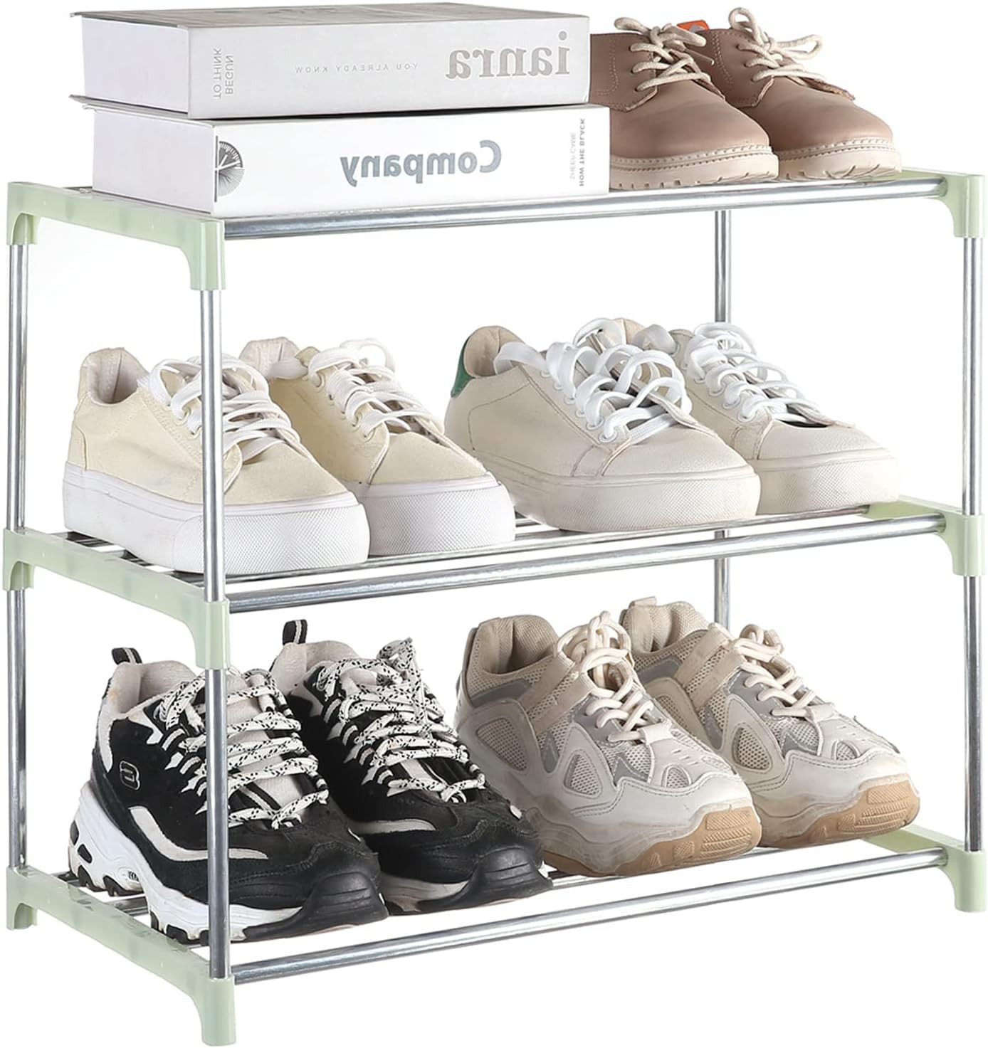 Small Shoe Rack, Narrow Stackable Shoe Shelf Organizer (3-Tier, Green) | [For En