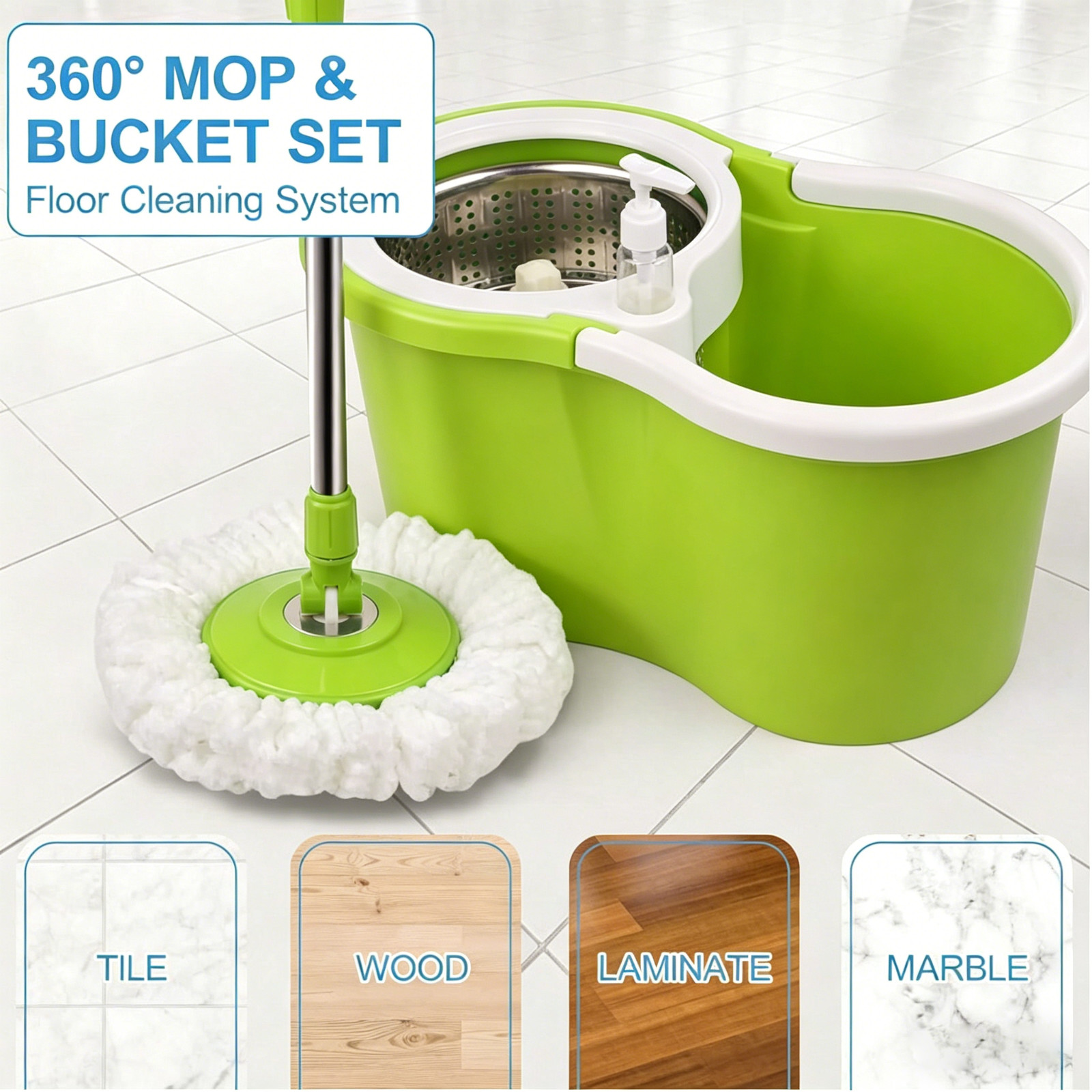360° Spin Mop & Bucket Set w/ 3 Microfiber Heads, Stainless Steel Wringer
