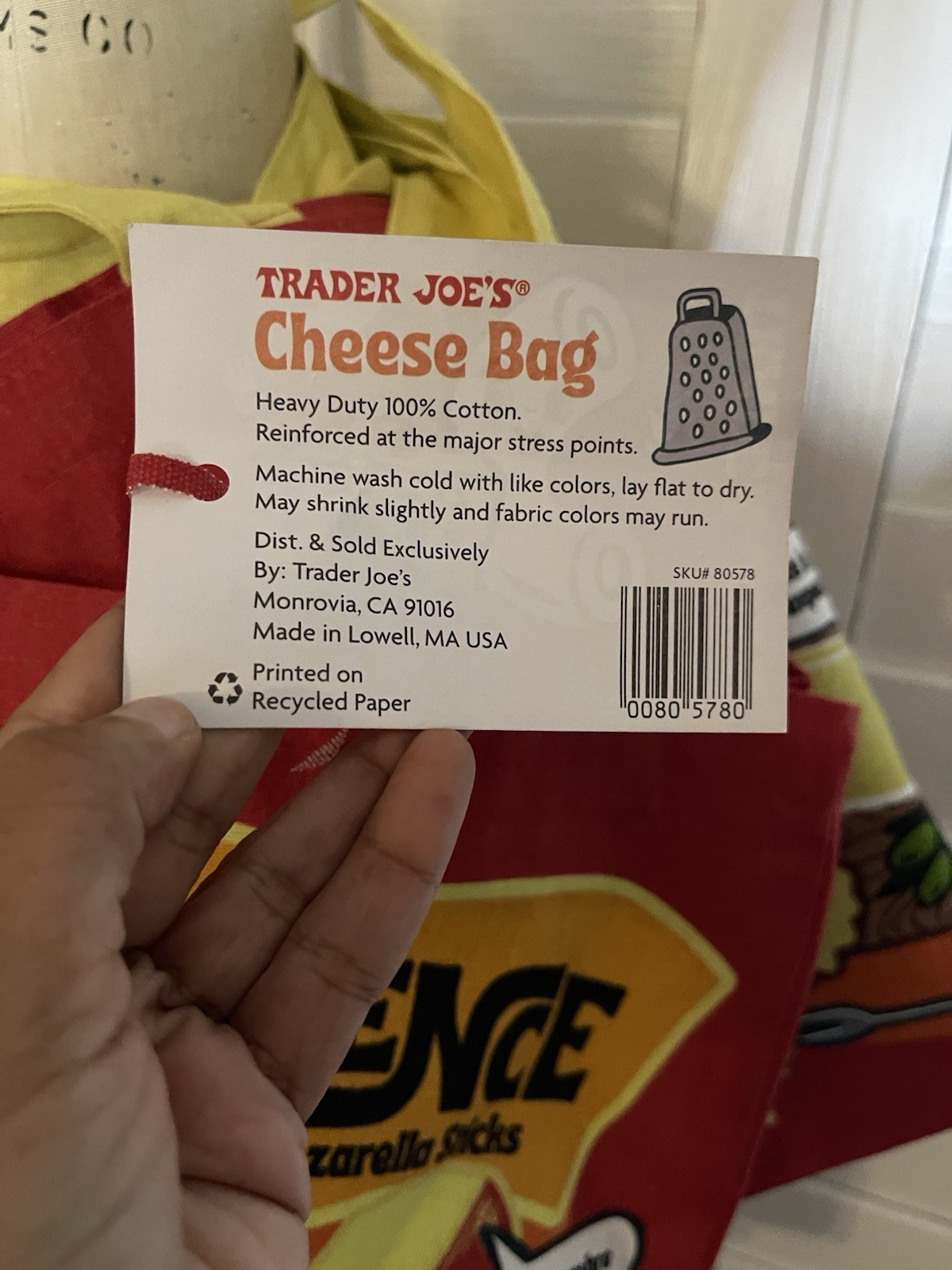 Trader Joe’s Cheese Bag Reusable Cotton Shopping Bag Red Yellow Pop Art Foldable