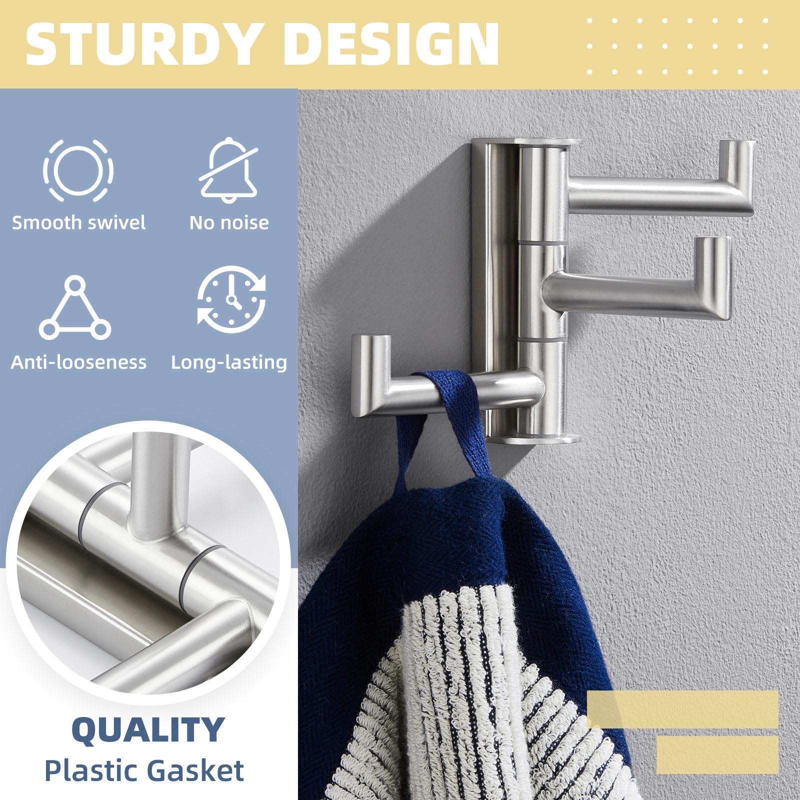 Brushed Nickel Swivel Towel Hook 304 Stainless Steel Foldable Clothes Hook With