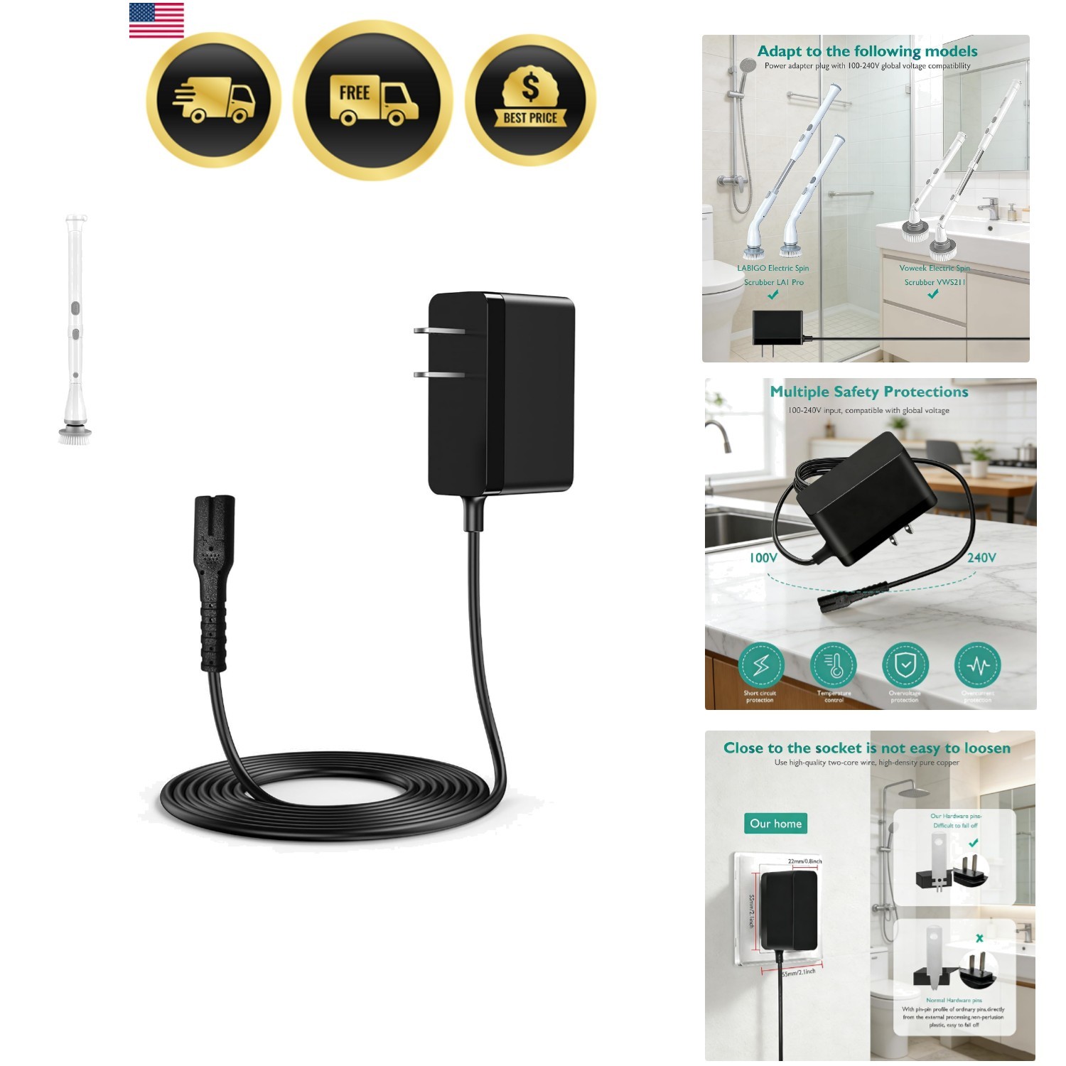 Charger Adapter for Spin Scrubber USB C Power Supply Cord Replacement Cable
