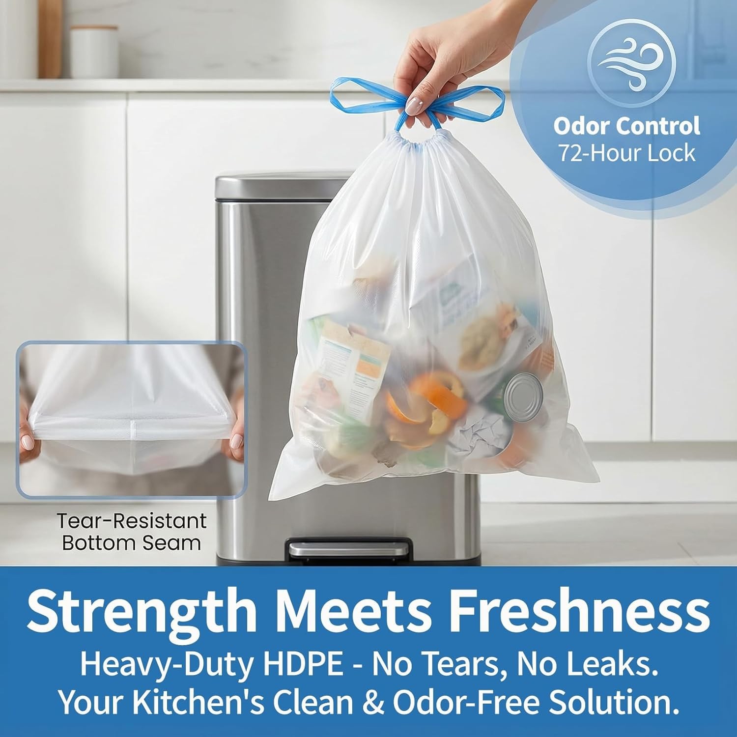 Tear-Free Drawstring Garbage Can Liners, 120ct