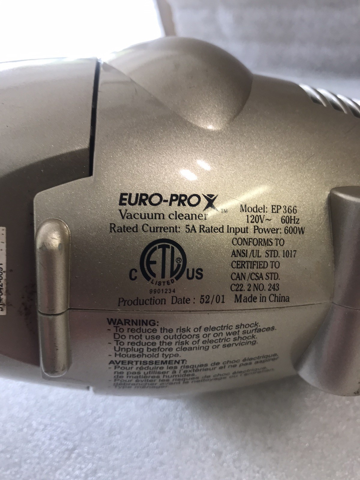 Euro-Pro X Ultra Shark Turbo Handheld Vacuum EP366 Bagless 600W Base Only Tested