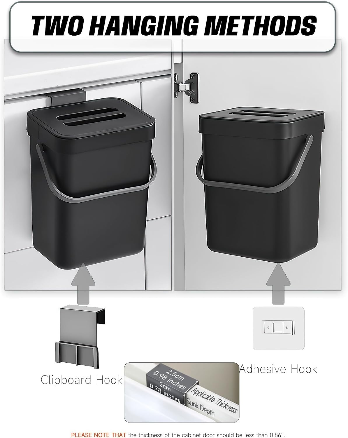 1.3 Gal Kitchen Compost Bin, Hanging Small Trash Can, 5L, Black | With Lid, H…
