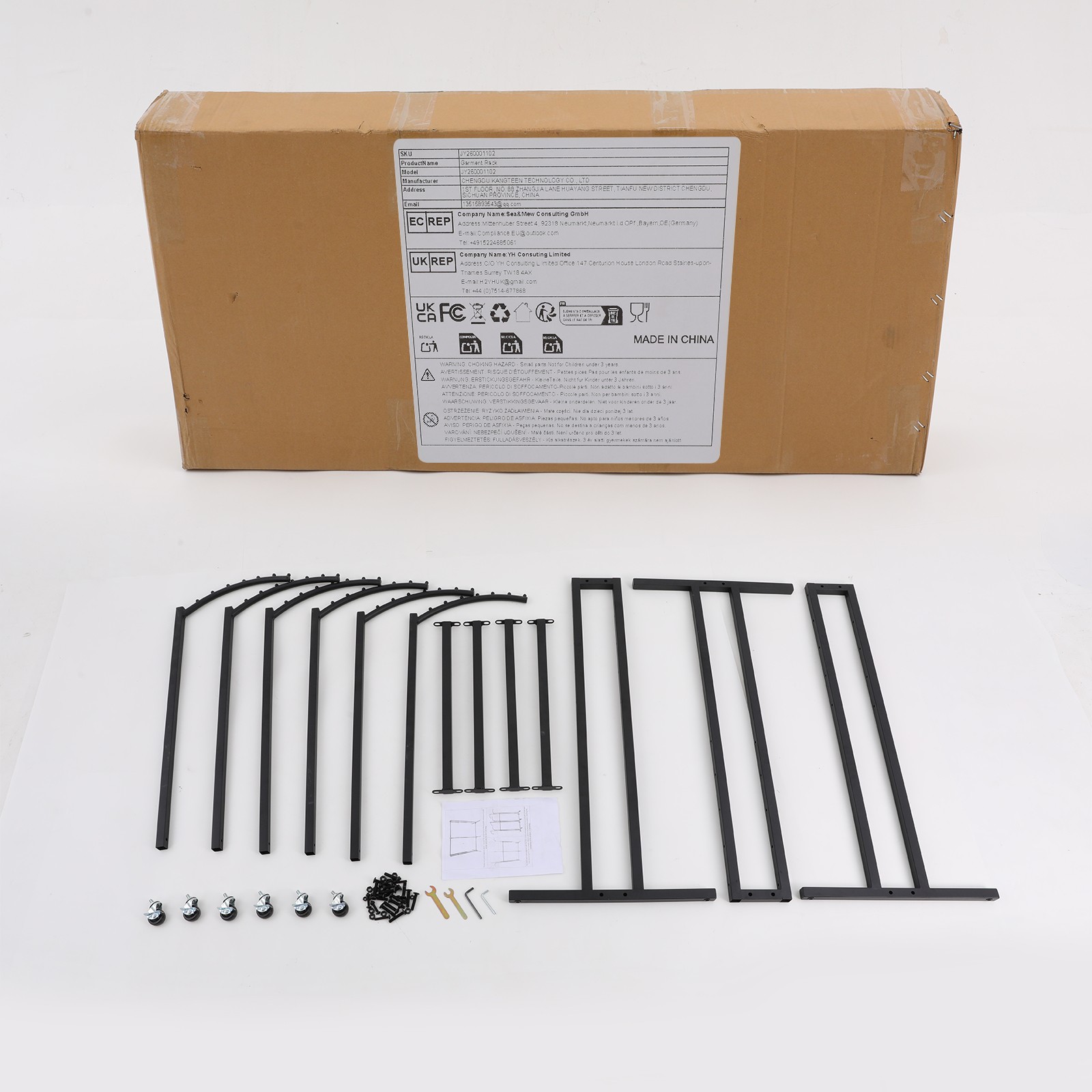 Black 6 Arms Clothing Display Rack With Wheels, 55.12-70.87in Adjustable Height
