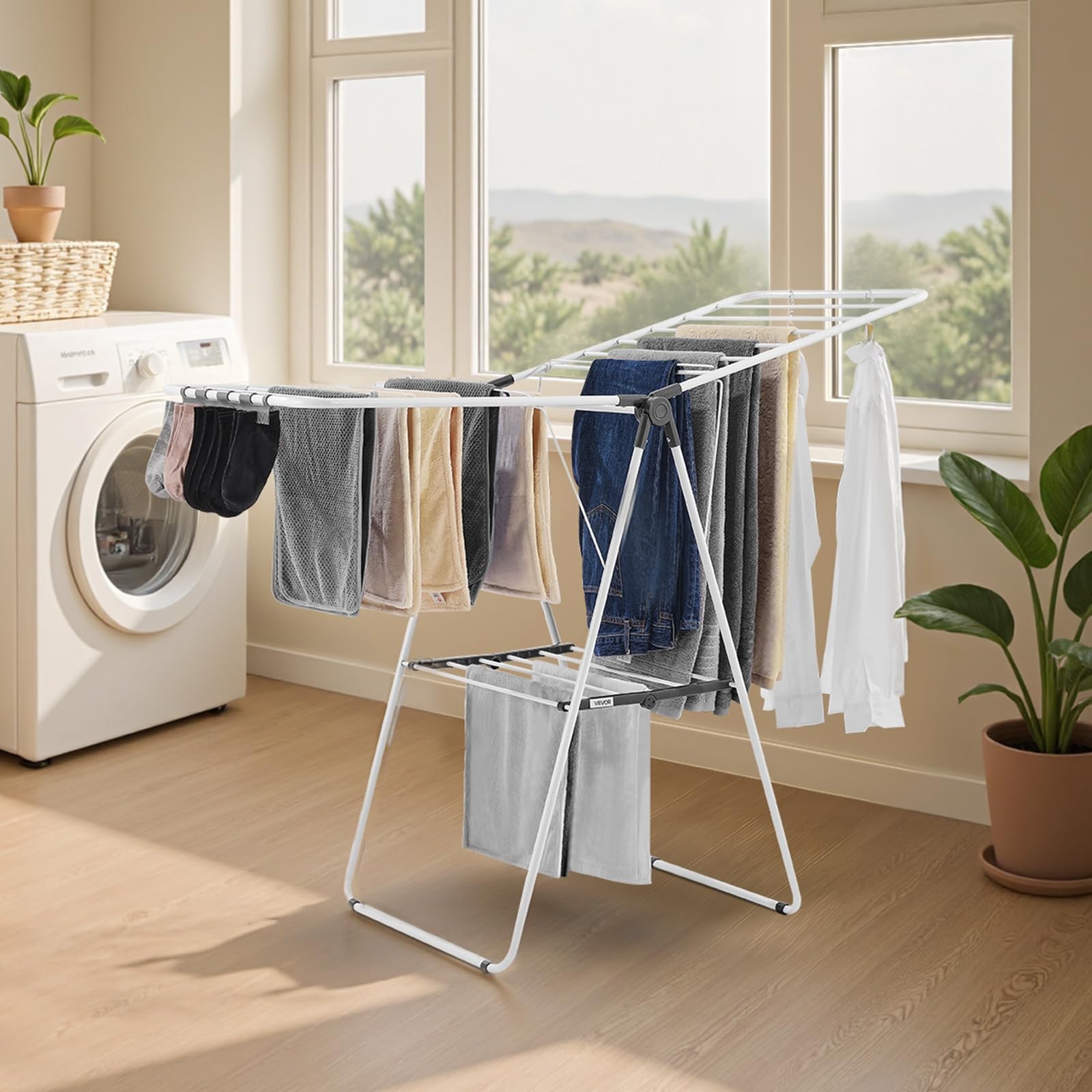VEVOR Clothes Drying Rack, 2-Tier Foldable 54.5″D x 23.6″W x 39.4″H, White