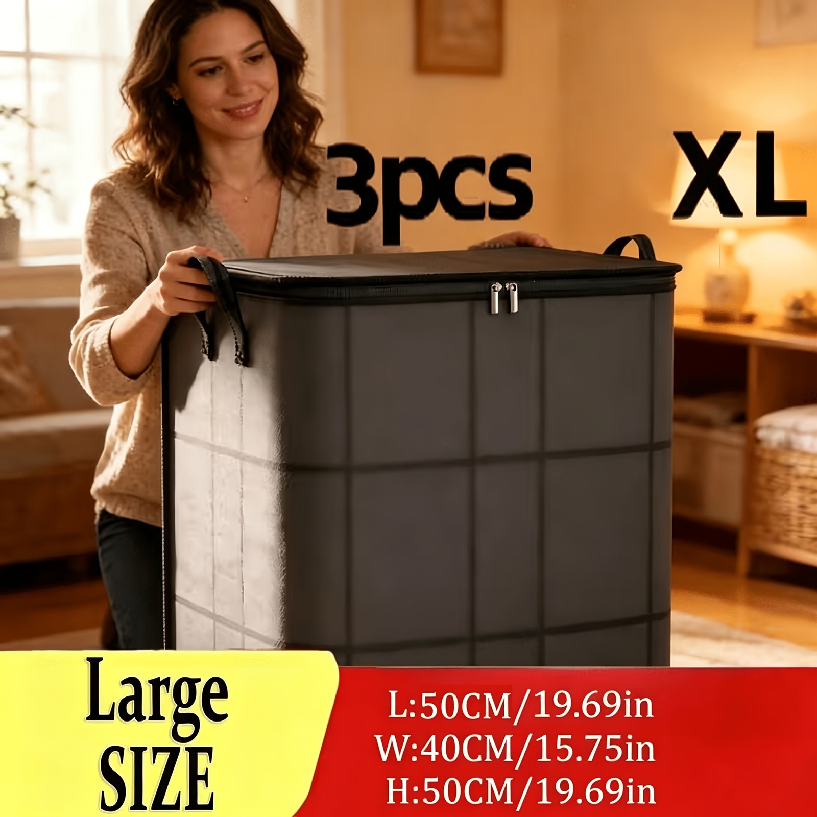 3 Pack Large Clothes Storage Bags Foldable Double Zipper Quilt Blanket Closet