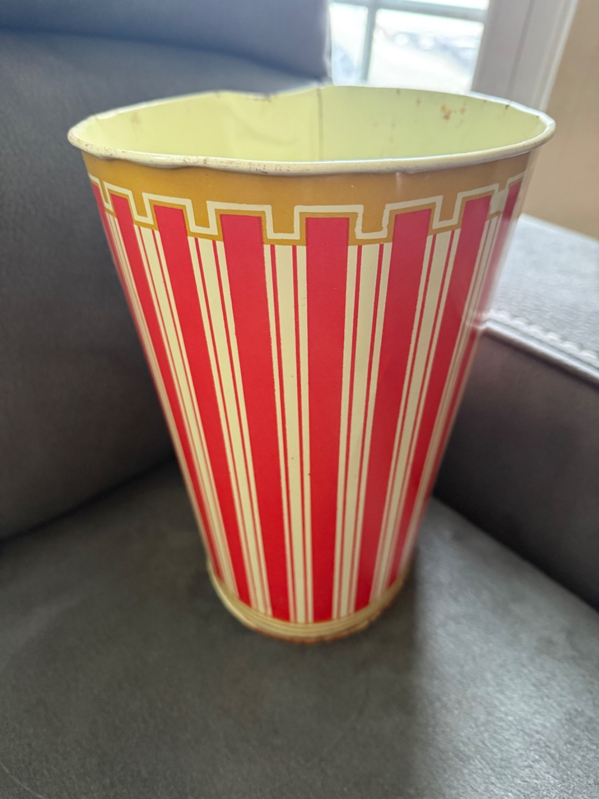 VTG Cheinco Garbage Tin Can Red Stripes 9.5 in tall