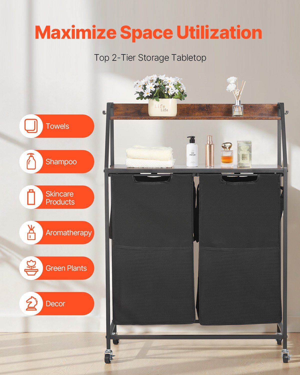 VEVOR 2 Tiers Laundry Sorter Tall Laundry Hamper with Wheels and Hooks 2 Section