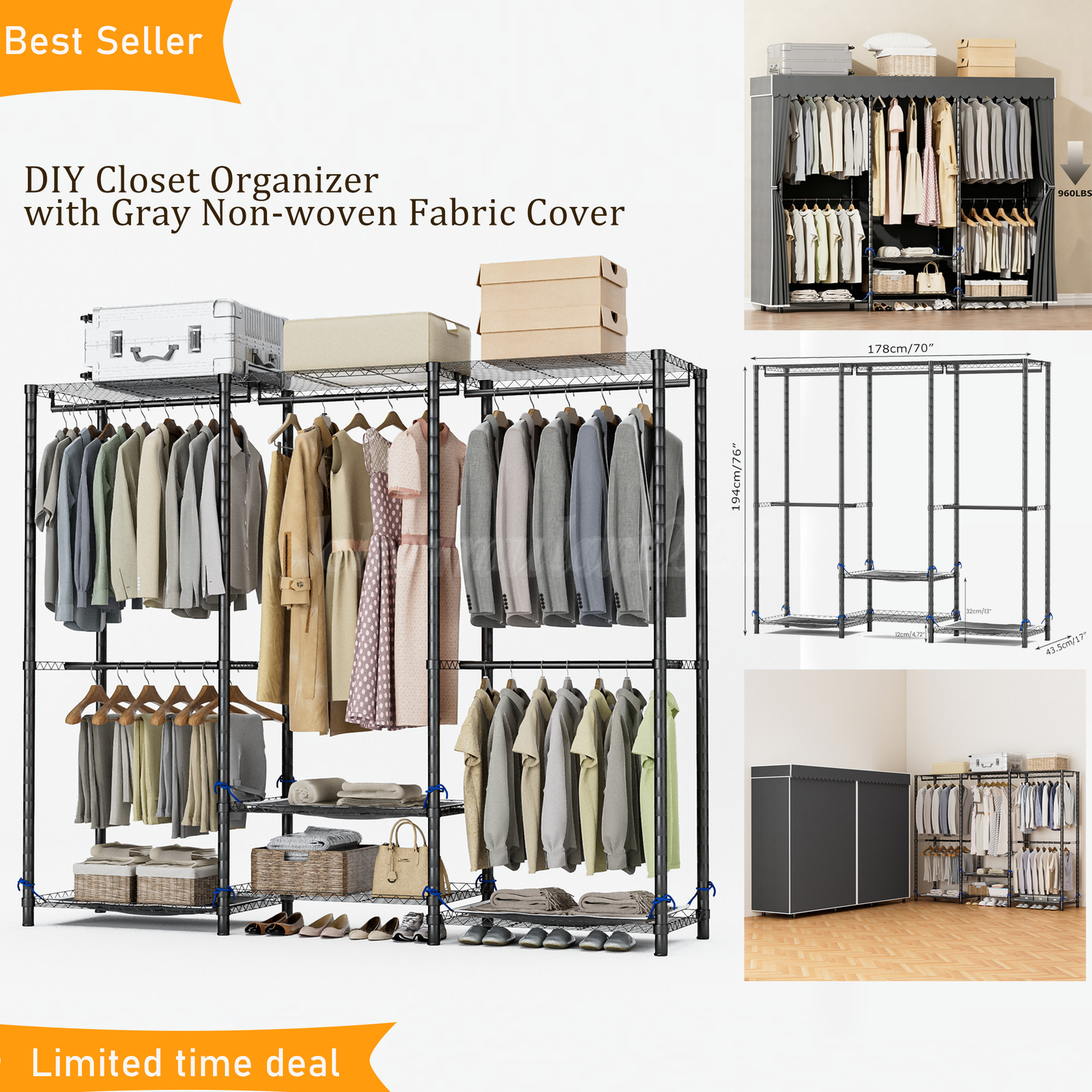 960 LBS Portable Wardrobe Closet Clothes Rack Storage Organizer with Cover Grey