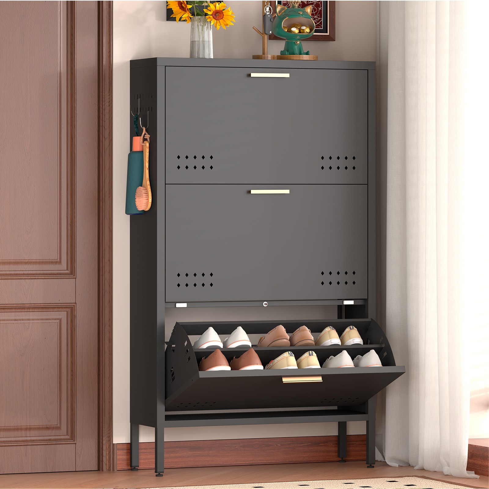 Shoe Cabinet with 3 Flip Drawers, Hidden Metal Shoe Cabinet for Entryway Hallway