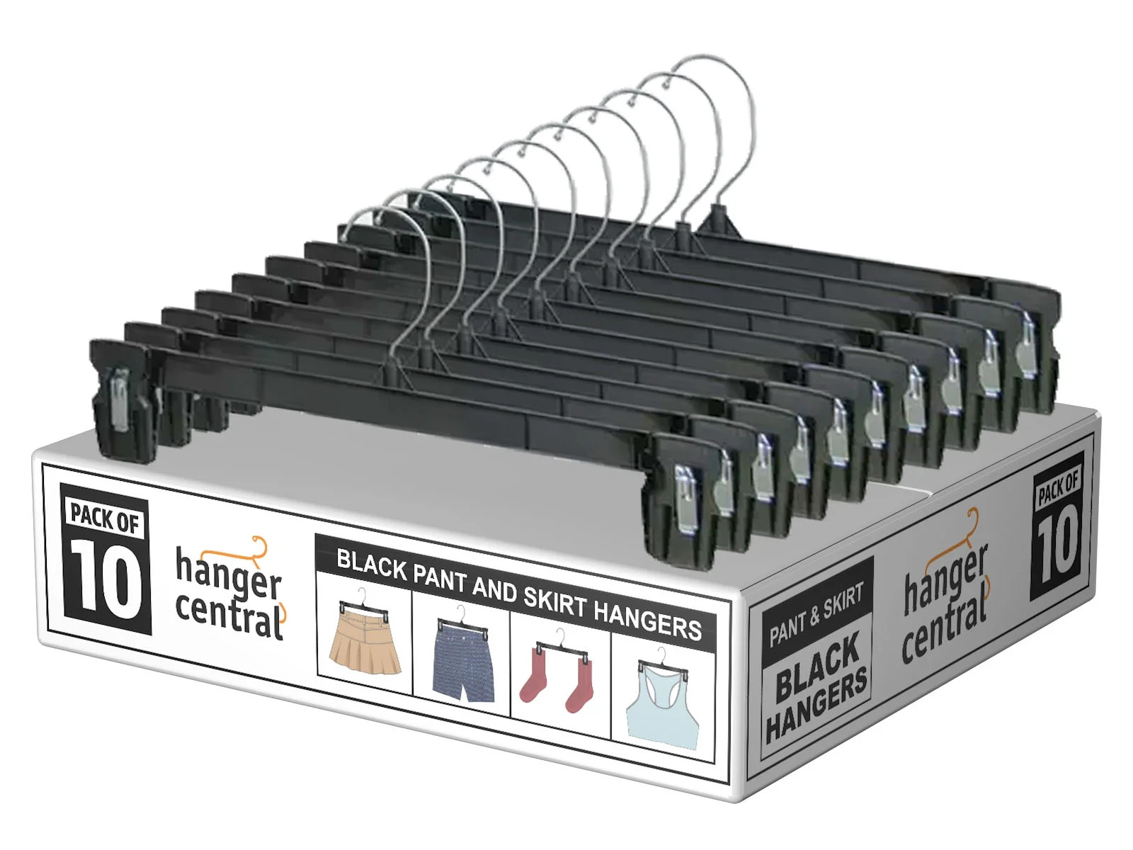 Hanger Central 10 Pack Black Plastic Pants Hangers with Clips 10 inch