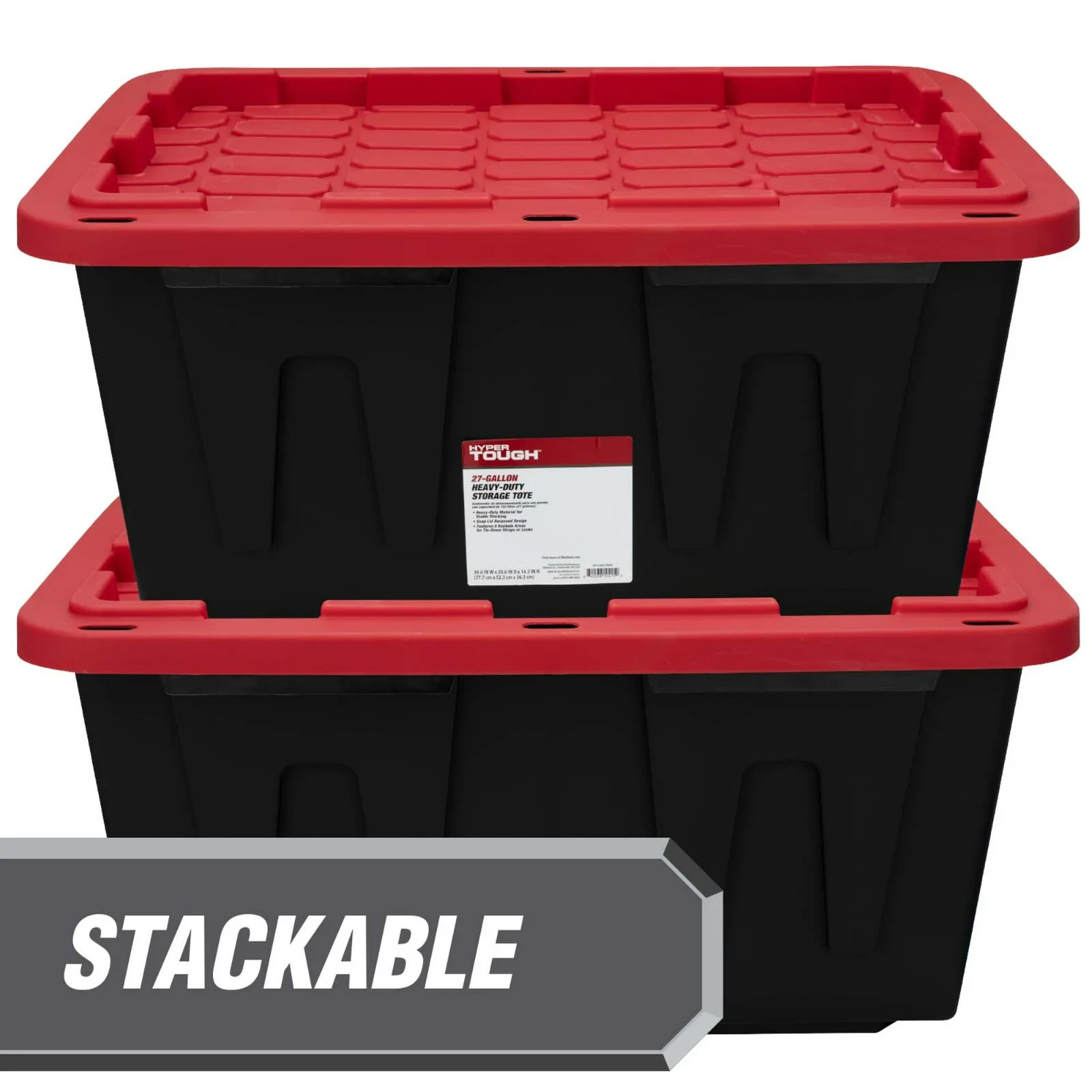 Hyper Tough 27 Gallon Large Storage Bin with Snap Lid, Black and Red, Heavy Duty