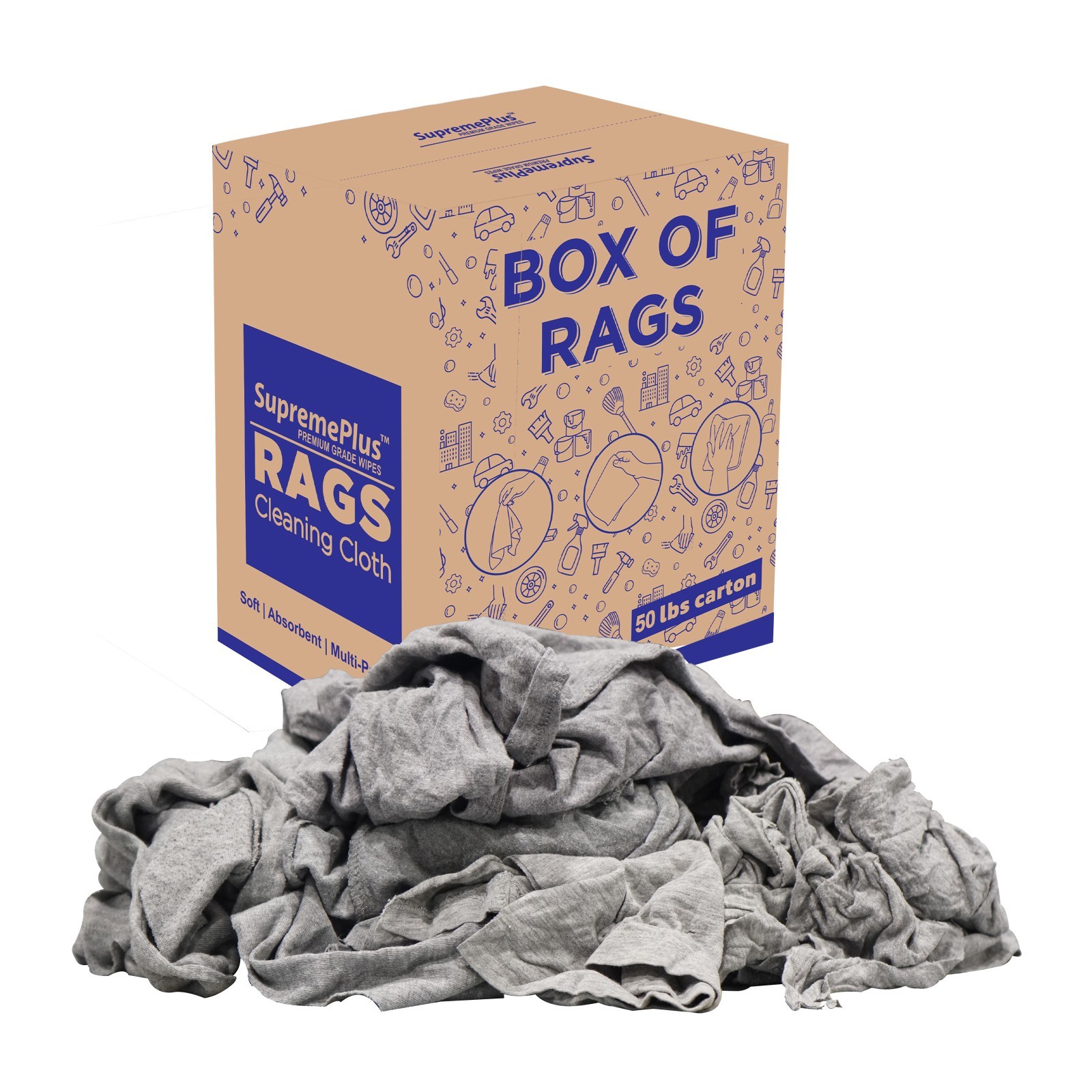 Gray Knit T-Shirt Rags – 50 LB Box Low Lint Bulk Shop Cleaning Wipers