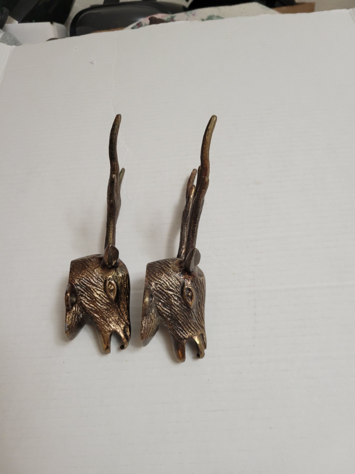 vintage Bronze Brushed Brass Animal Wall Hooks Set of 2 Rustic Deer Head Metal
