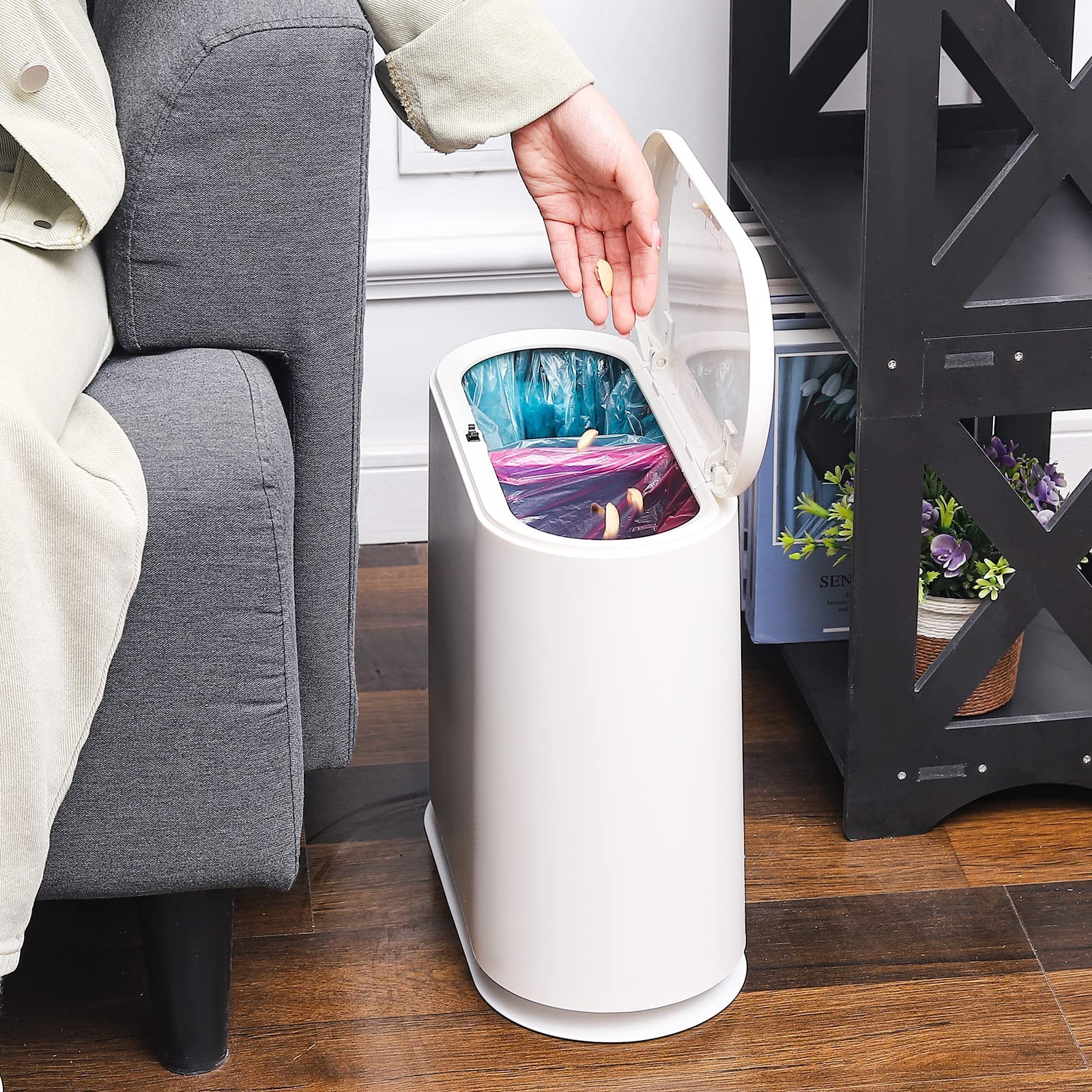 12L 2.7 Gallon Slim Plastic Bathroom Trash Can Press Lid Dog Proof White