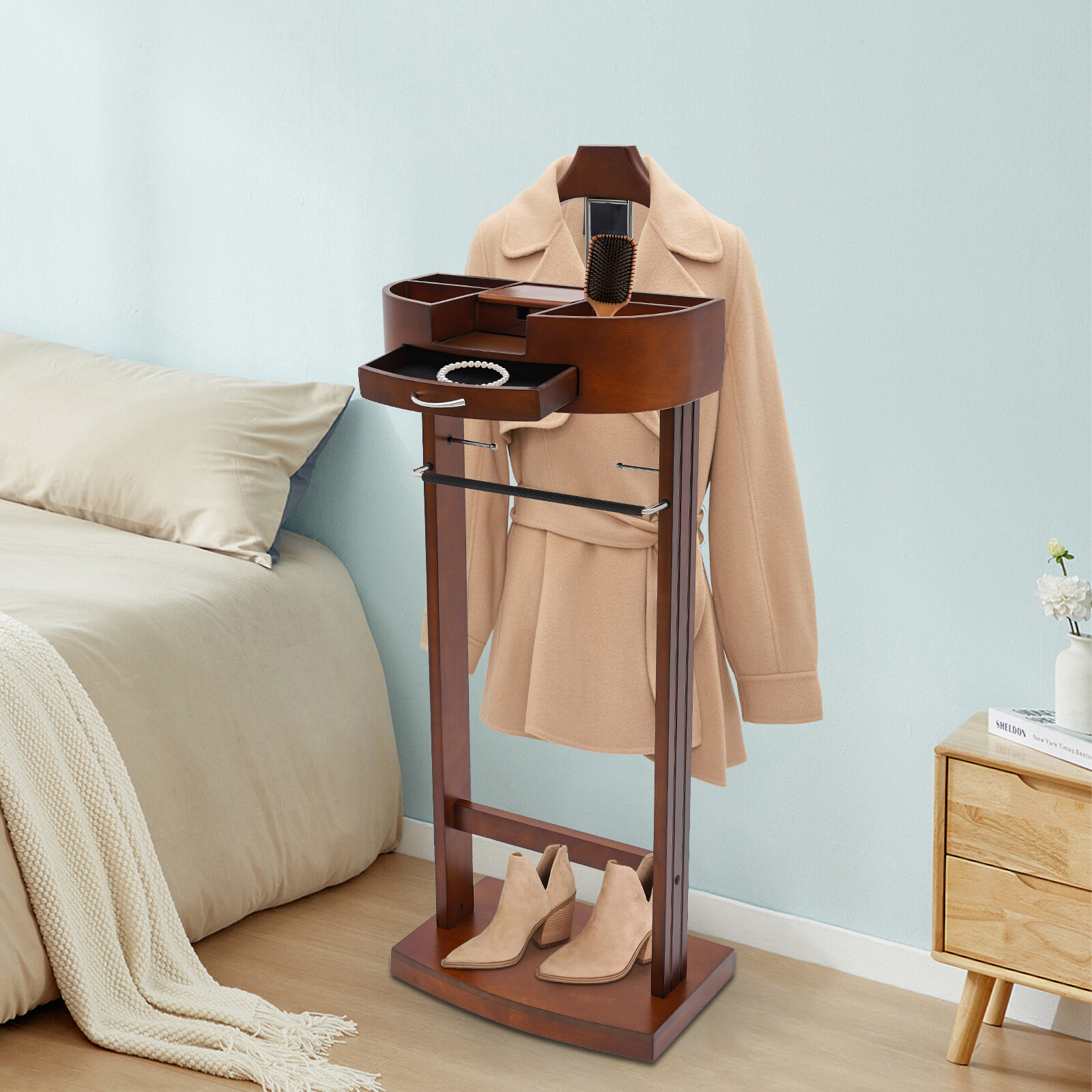 Free Standing Wood Suit Rack, Freestanding Clothing Valet Stand, Valet Stand