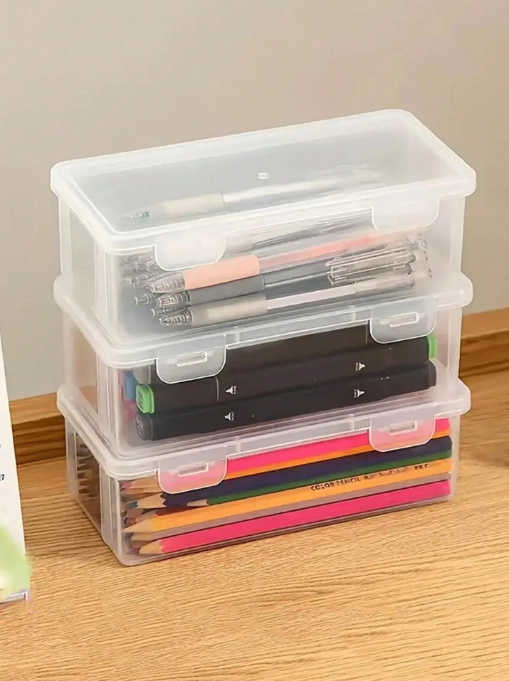 1 pc Transparent Large Capacity Plastic Pencil Case for Pens & Crayons Storage