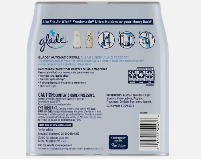 Glade Automatic Air Freshener Refill Clean Linen 6.2oz 4-Pack Odor Eliminator
