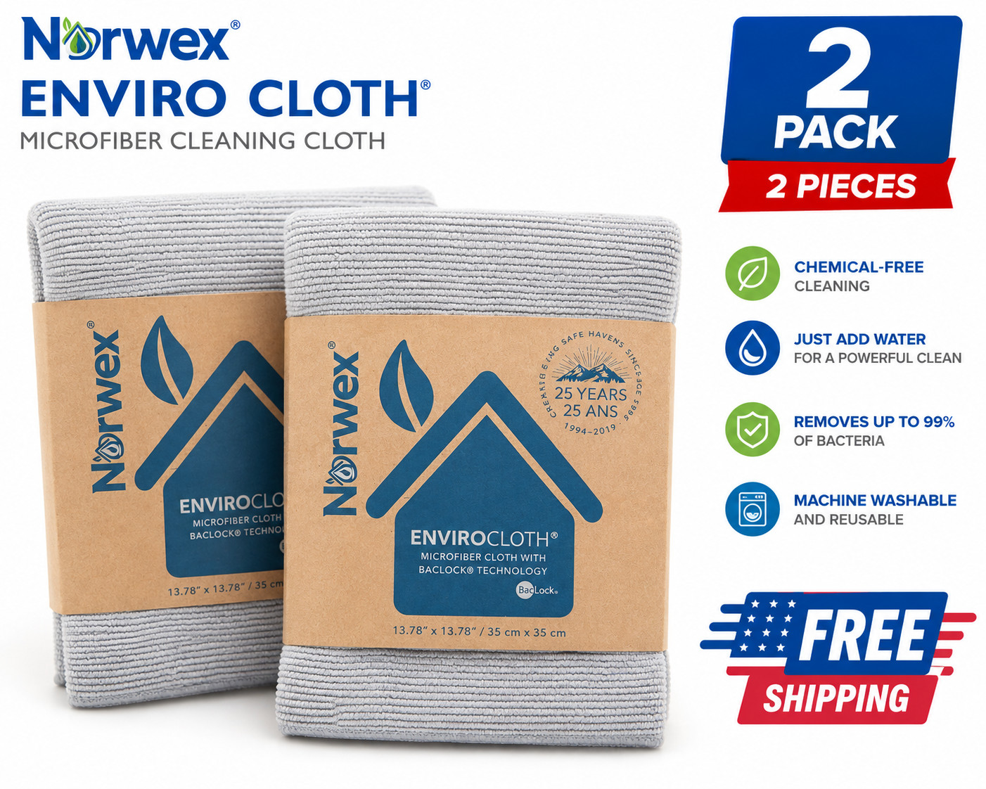 2 Pack Norwex EnviroCloth Gray Microfiber Cleaning Cloth | Fast Free Shipping