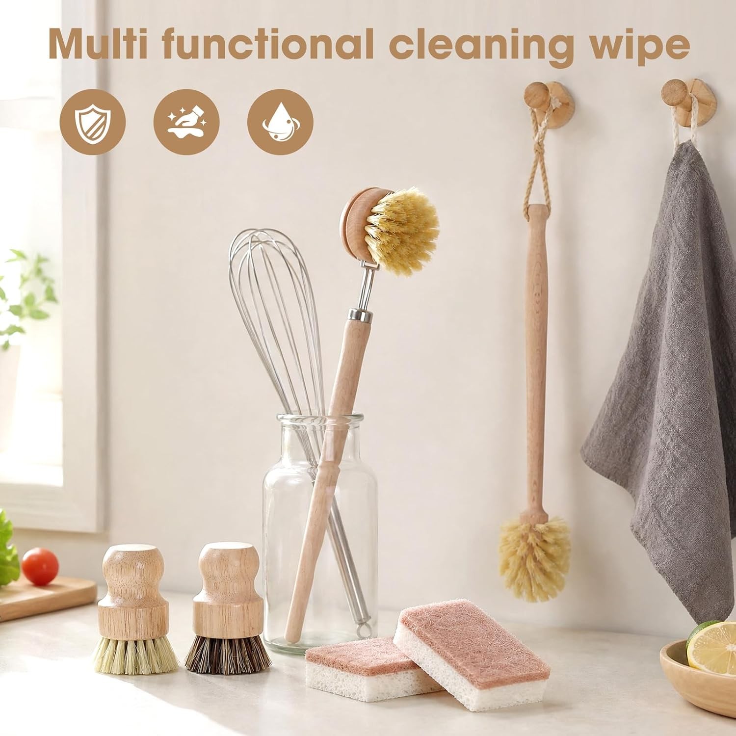 6 Pack Bamboo Dish Brush & Sponge Set, Wooden Handle Kitchen Scrub Brushes with