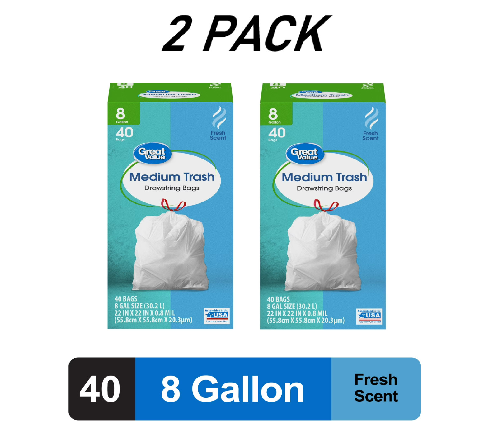 (2 PACK) Great Value 8-Gallon Drawstring Medium Trash Bags, Fresh Scent, 40 Bags