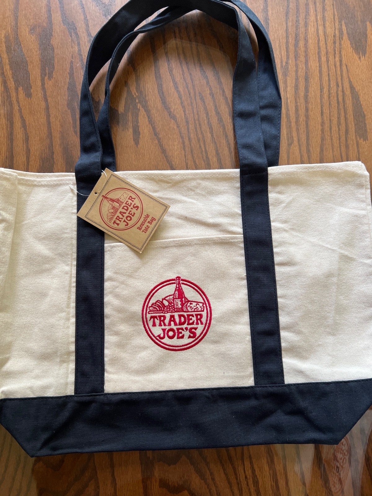 Trader Joes Reusable Canvas Tote Shopping Bag Navy Blue Cream Eco Heavy Duty NWT