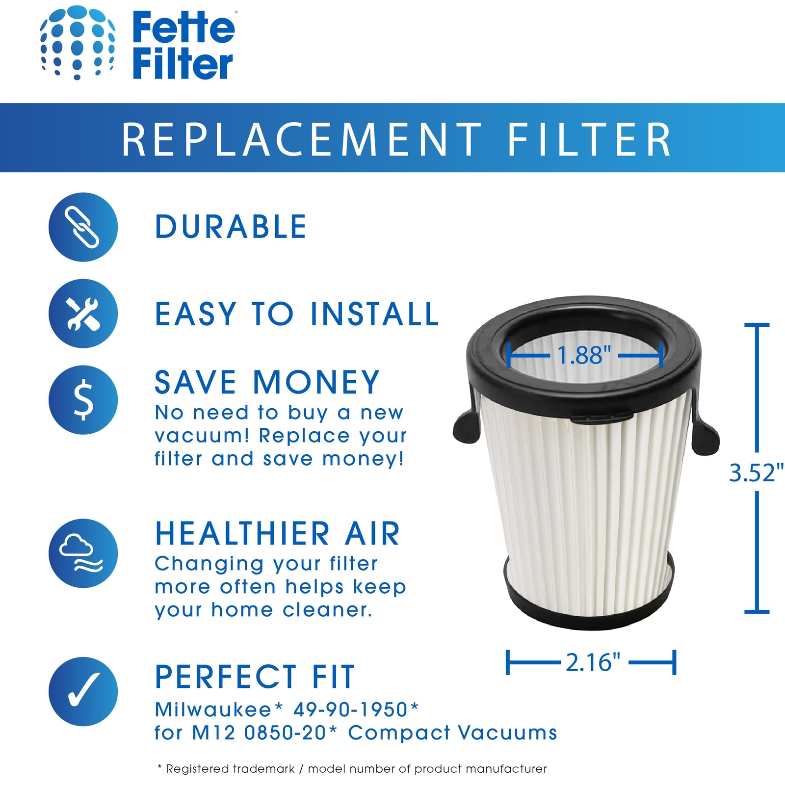 49-90-1950 HEPA Filter Replacement for Milwaukee M12 0850-20 Compact VAC 4 pack