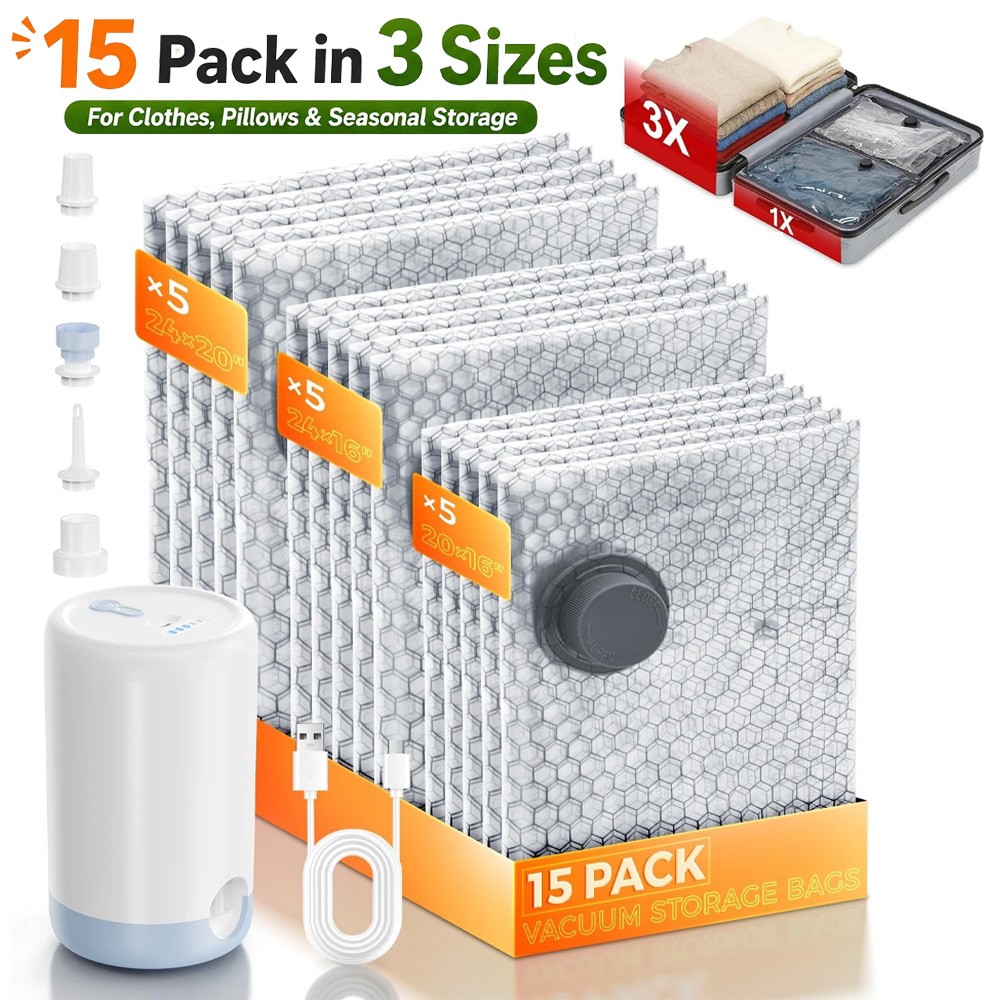 15 Pack Travel Vacuum Bags with Rechargeable Wireless Pump, Clothing Seal Org…