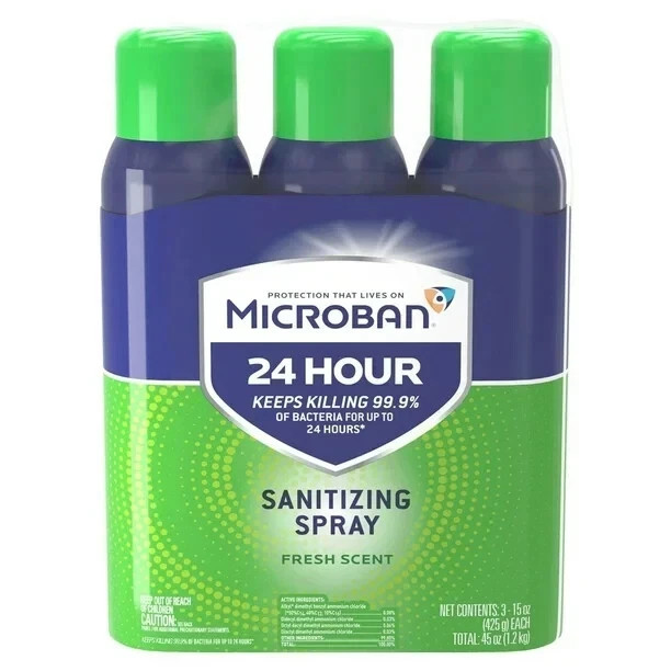 Microban 24 Hr Sanitizing Spray, Kills 99.9% Bacteria, Fresh Scent, 15oz, 3 pack