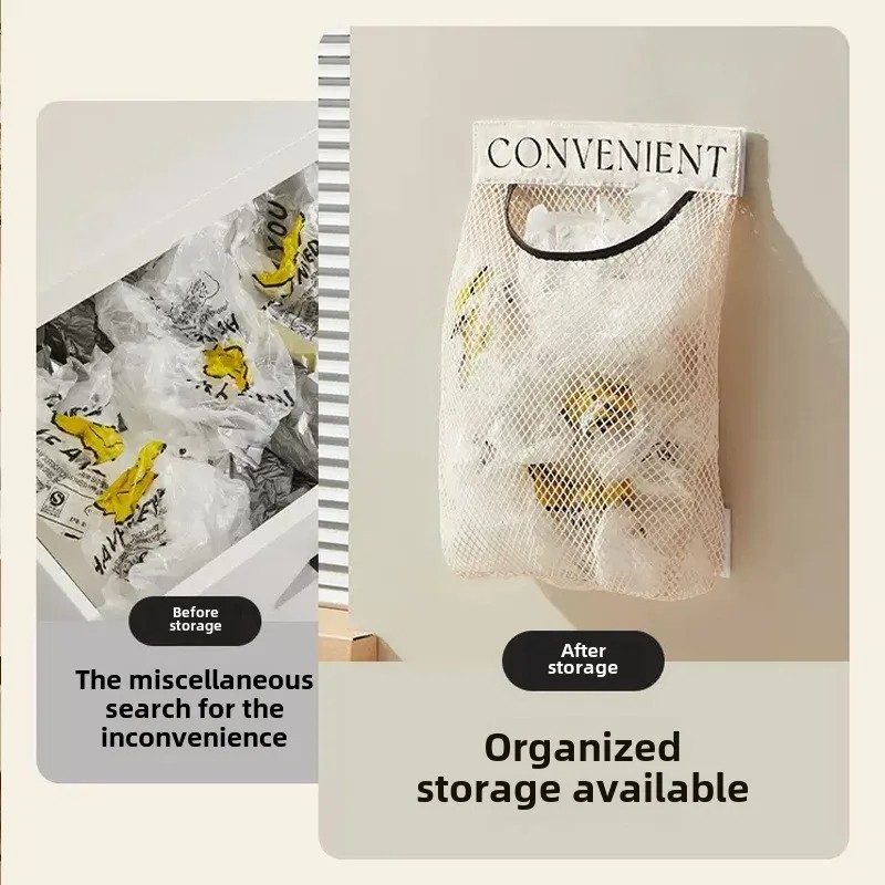 Trash Bag Holder Dispenser Sticky Wall Mount Mesh Convenient Storage Organizer