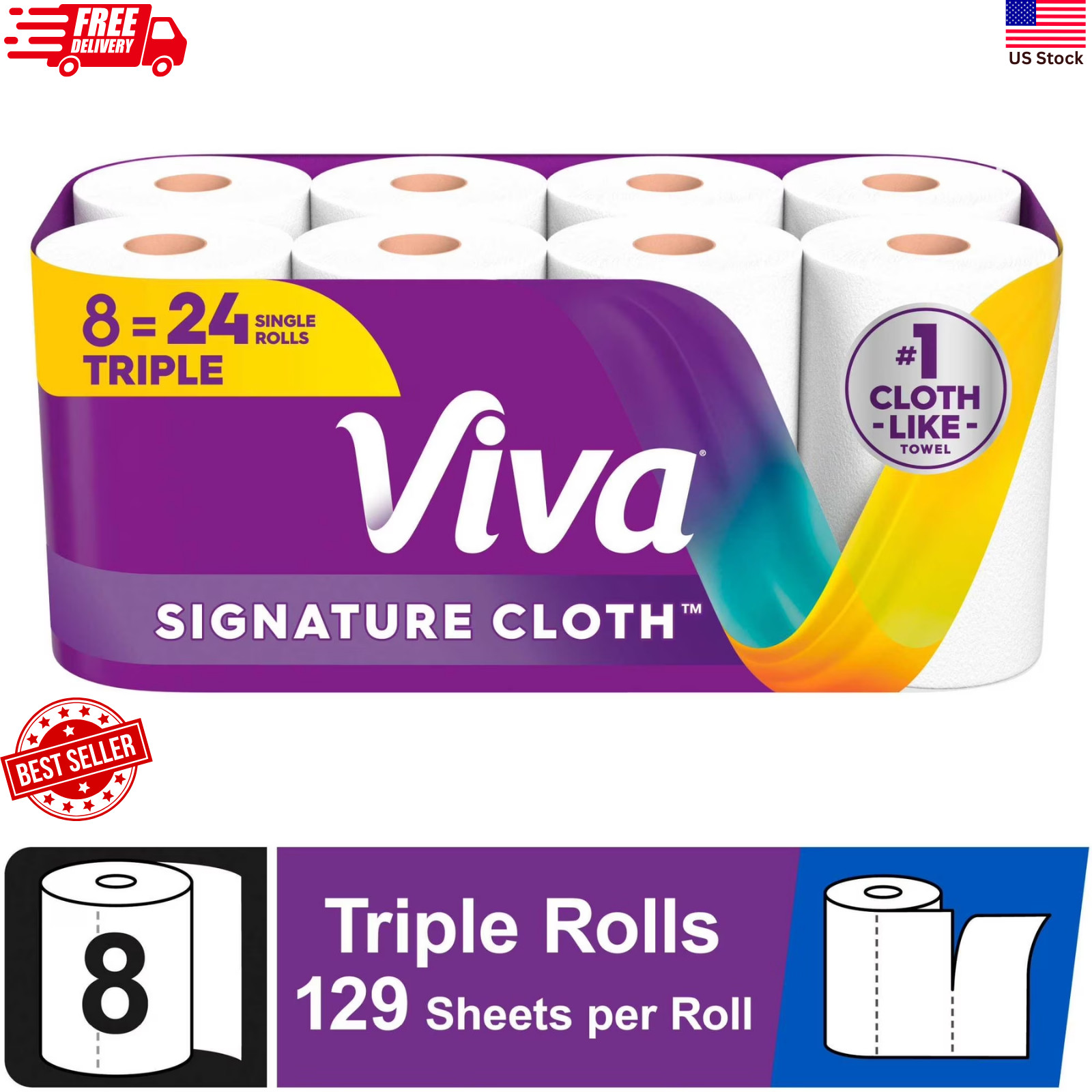Viva Signature Cloth Paper Towels – 8 Triple Rolls – 129 Sheets/Roll – White