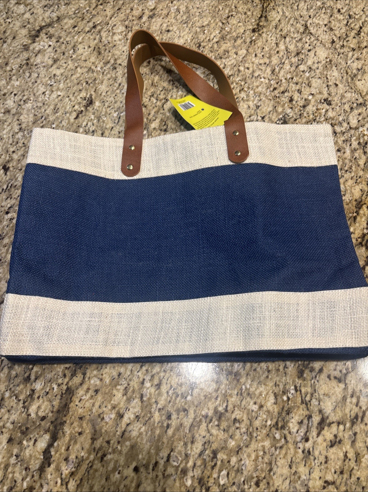 New Jute Market Tote Out of the Woods NWT Navy Blue Leather Handles Pocket