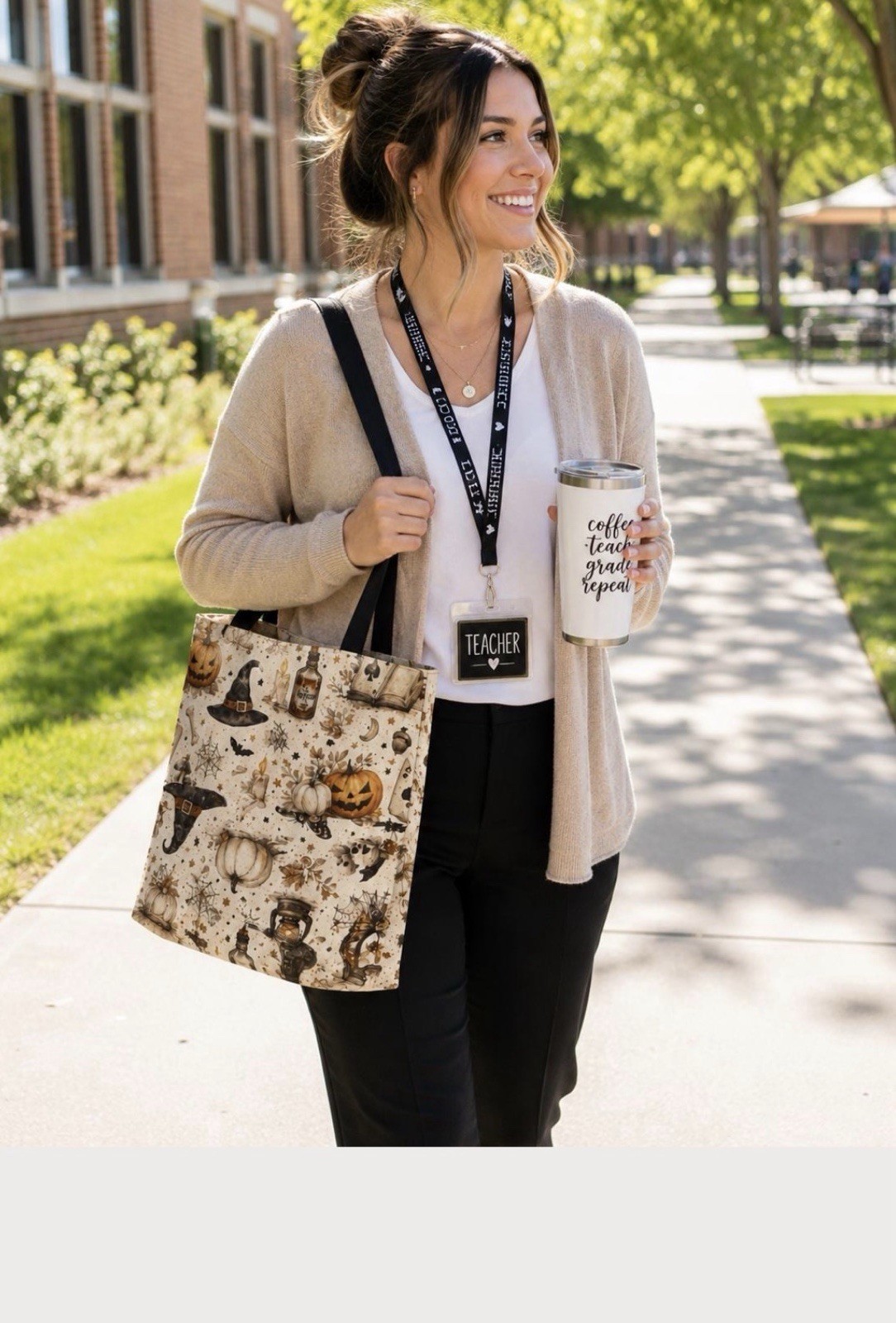 Halloween Print Canvas Tote Bag Beige/Black/Orange 14x14x16 in New