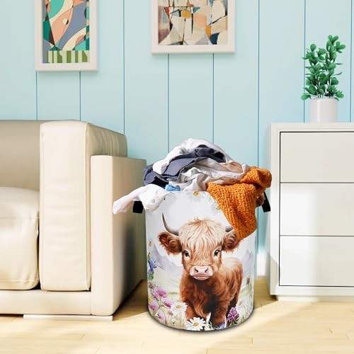 Laundry Basket Oxford Cloth Animal Flowers Laundry Hamper | With Highland Cow