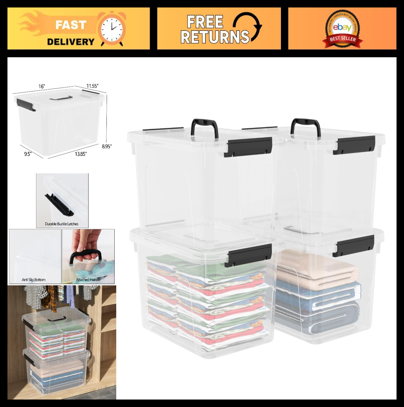 Clear Plastic Storage Bins with Lids – 17.5L Latching Containers, Set of 4