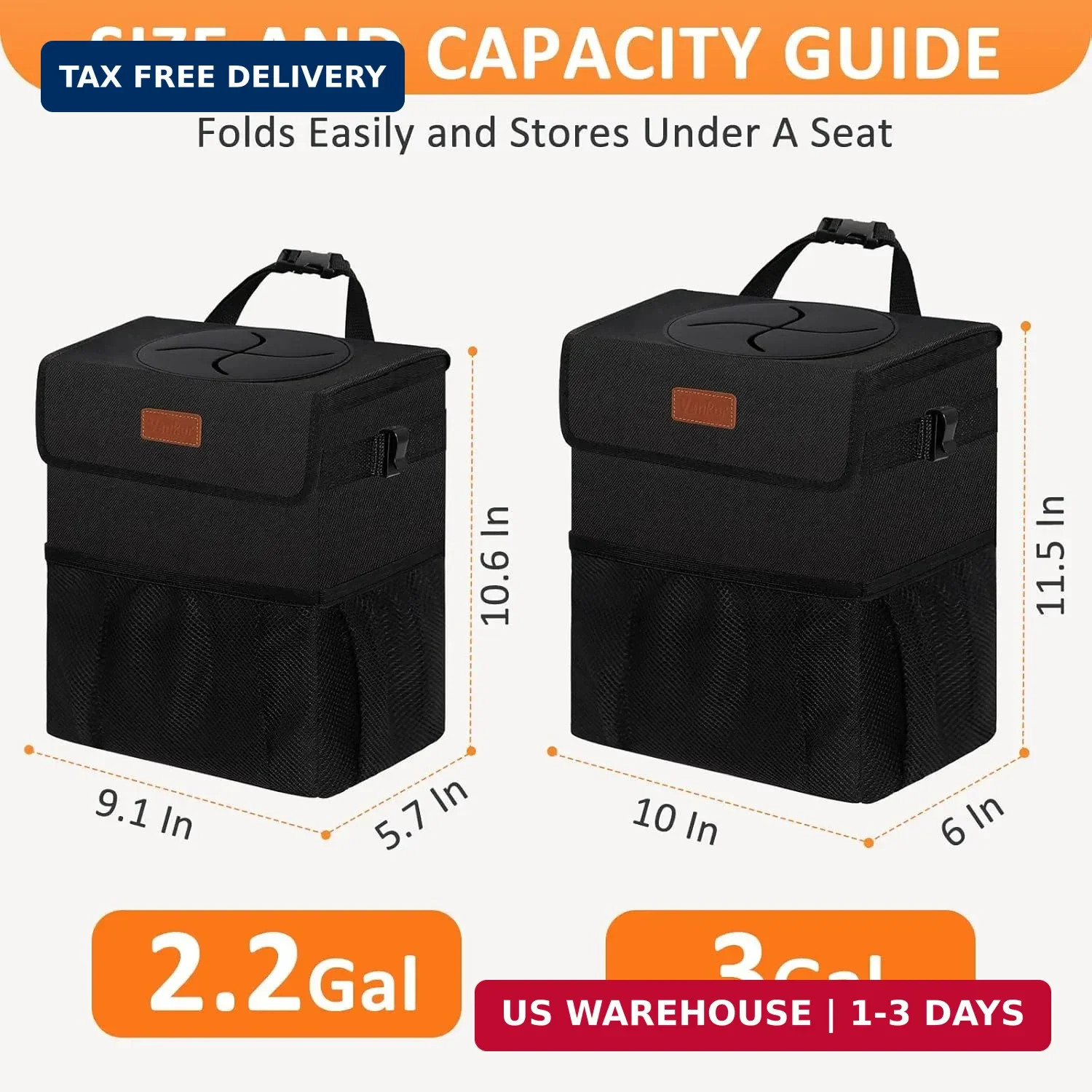 Vankor Car Trash Can with Lid Leak Proof Car Accessories for Women | 2.2 Gallon