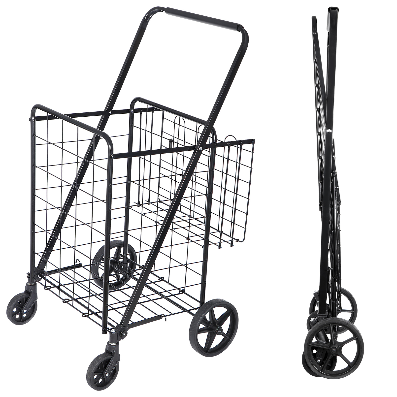 Folding Shopping Cart Rolling Trolley Utility 2 Basket W/Wheel for Laundry Black