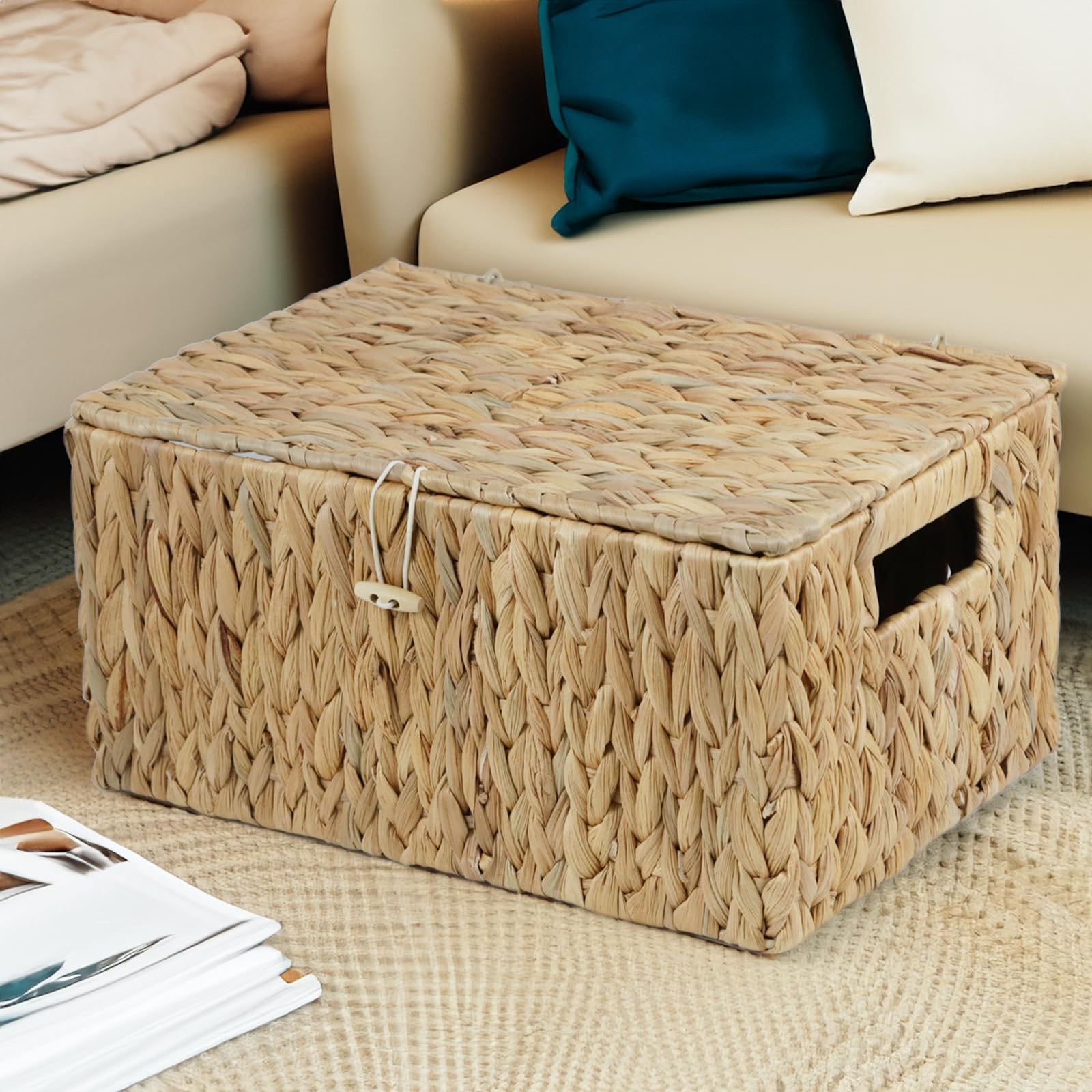 14.2×9.4×7 Inch Large Wicker Basket Lid Rectangular Water Hyacinth Storage