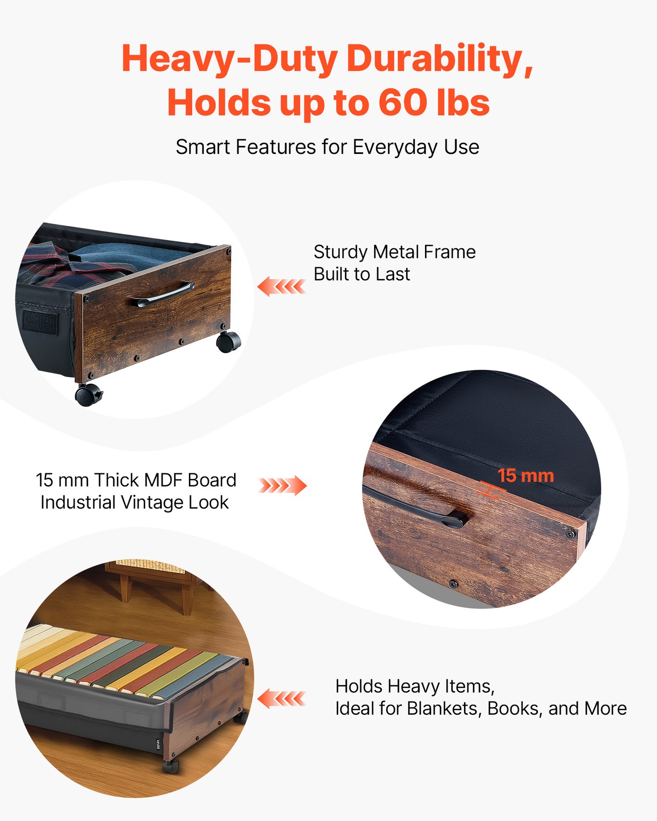 VEVOR Under Bed Storage with Wheels 25.6×18.1×7.1 Inch Rolling Storage Bags