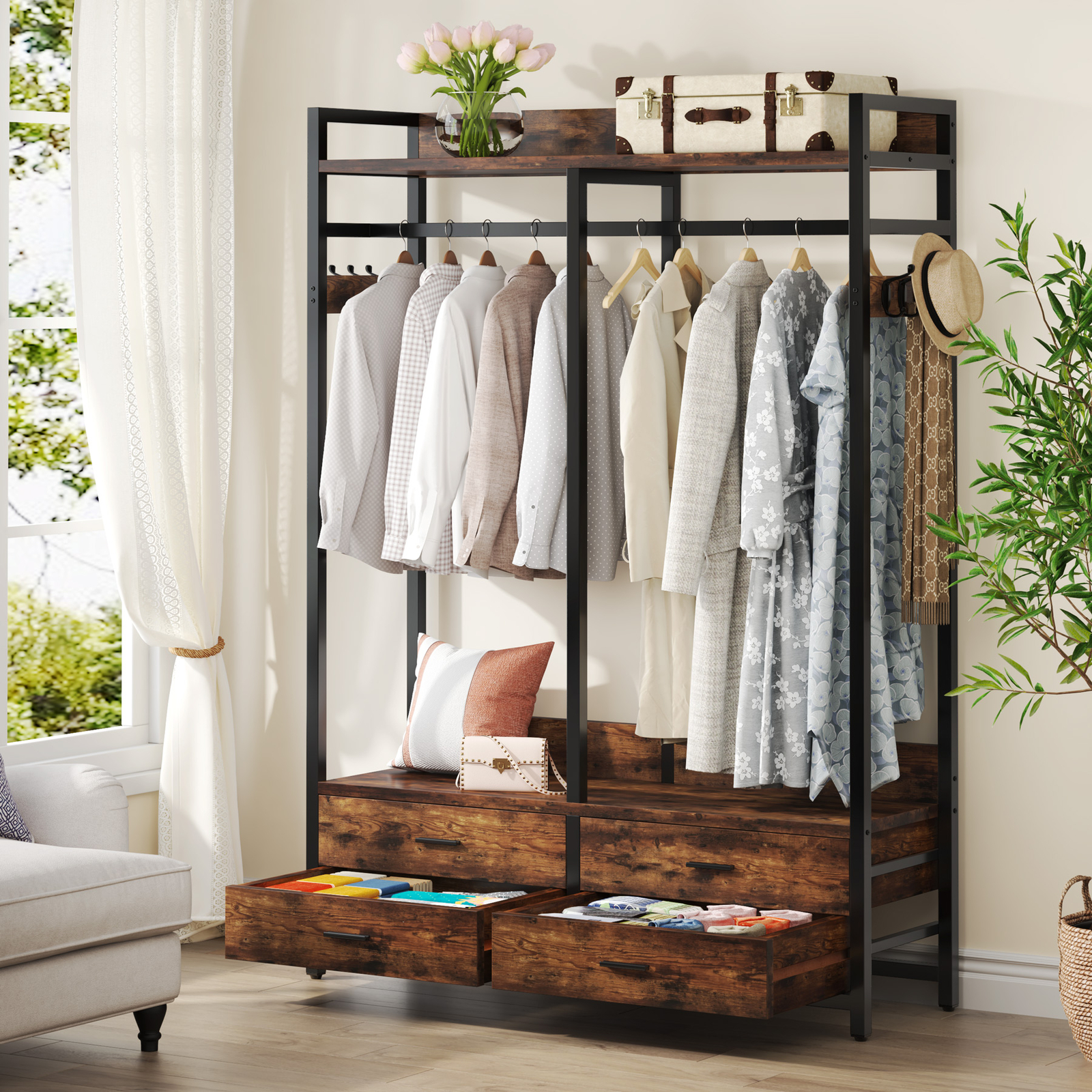 Tribesigns Closet Organizer with 4 Large Drawers, Clothes Garment Rack with Hook