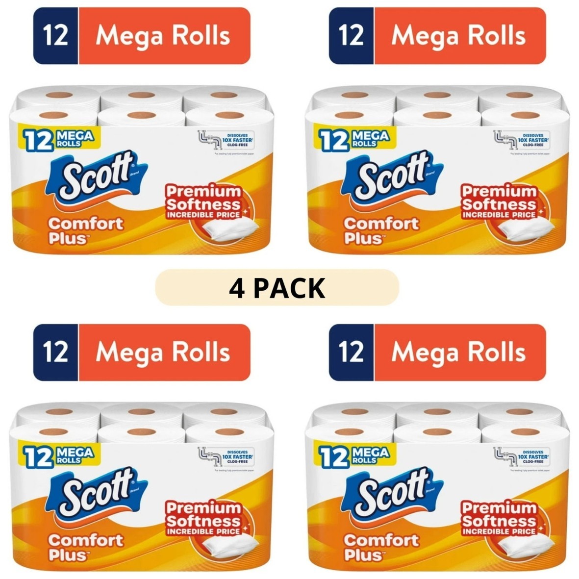 4 Pack Scott ComfortPlus Toilet Paper with 12 Mega Rolls Tissue